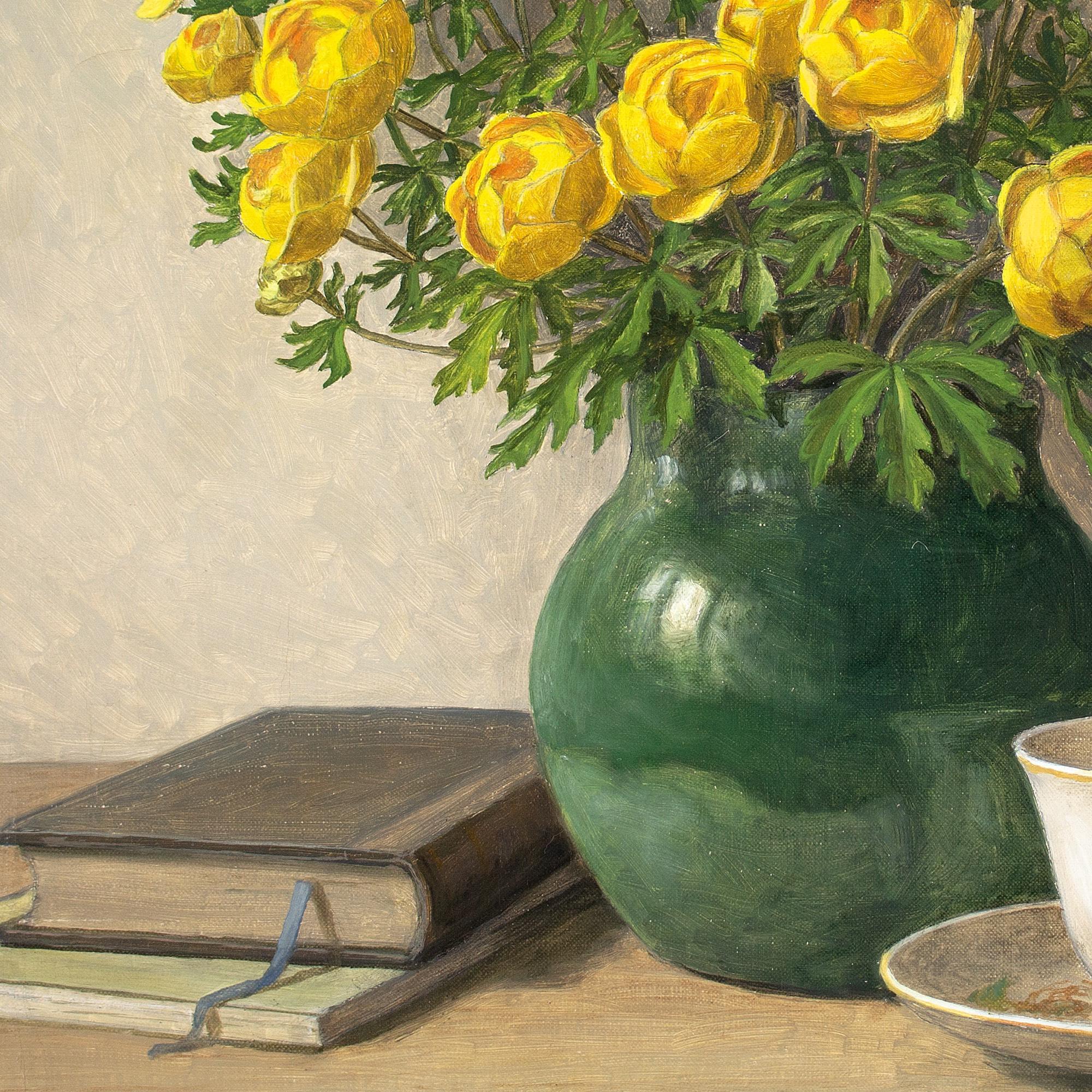 C Sørensen, Still Life With Trollius, Tea Cup & Books, Oil Painting For Sale 6