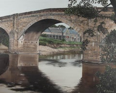 C. Stone - Olio del XX secolo di grandi dimensioni, Ribchester Bridge, Lancashire