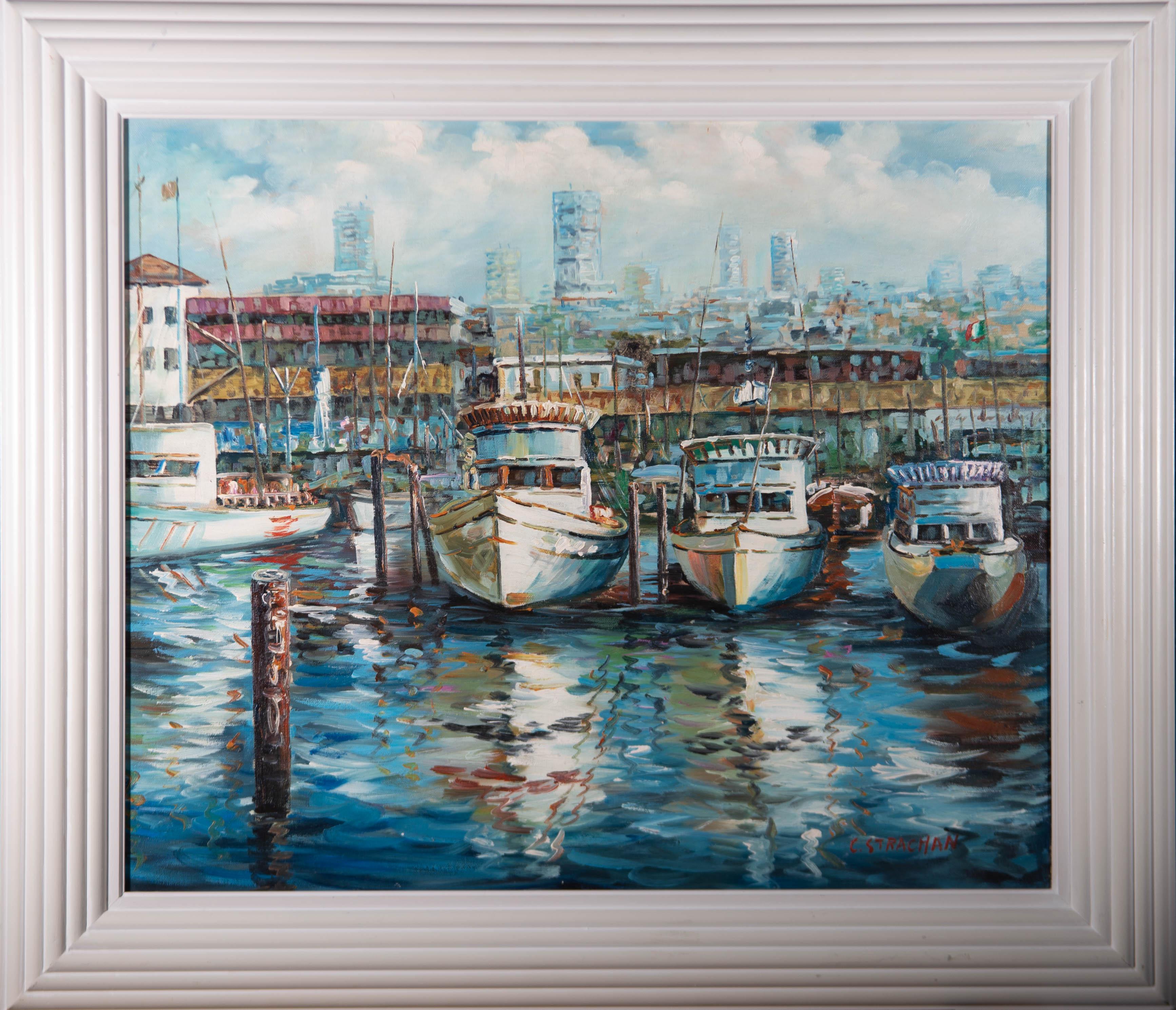 C. Strachan - Contemporary Oil, Boats in a Harbour