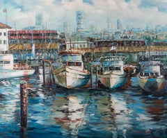C. Strachan - Contemporary Oil, Boats in a Harbour
