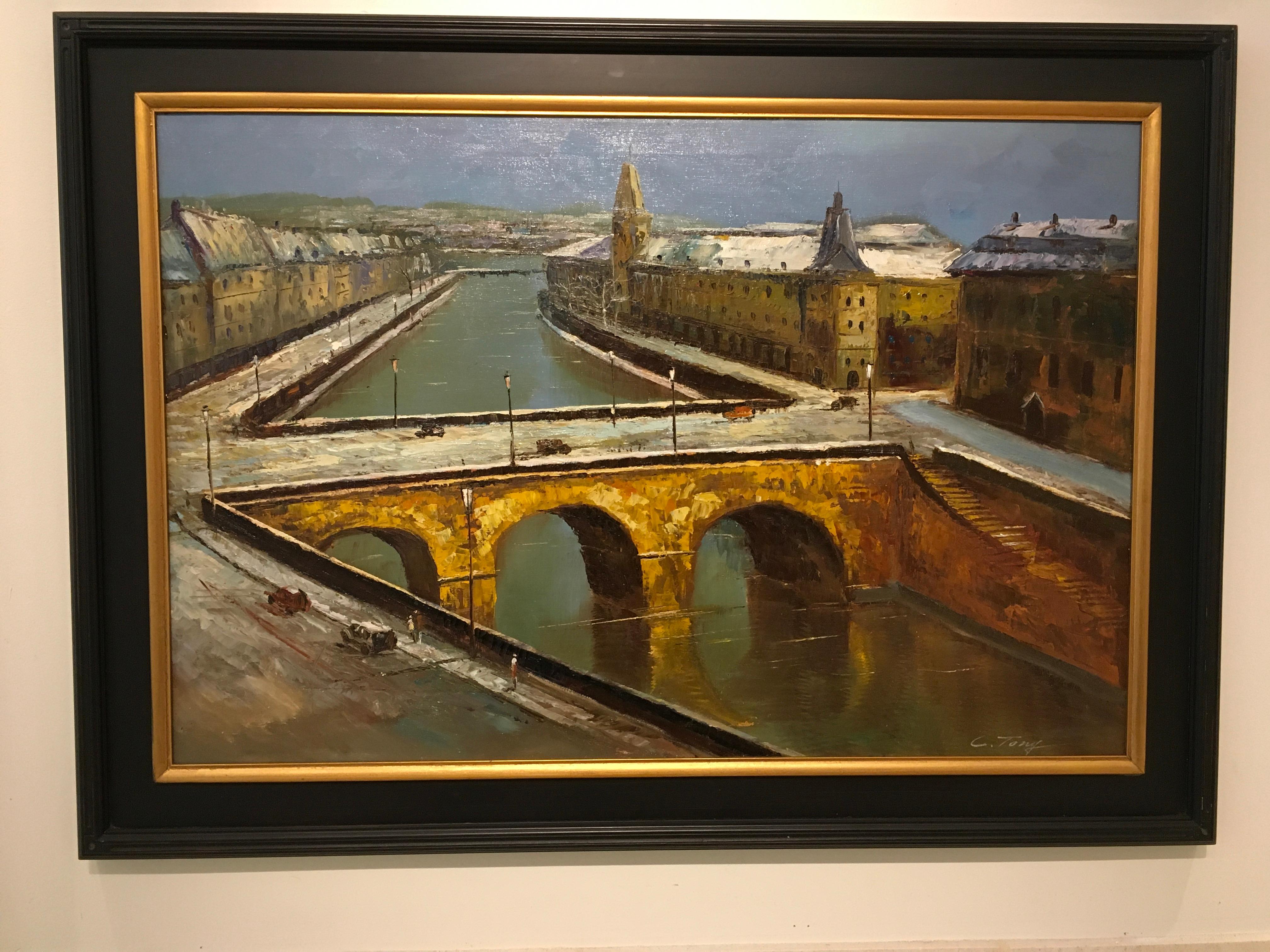 This oil on canvas is a cityscape/landscape depicting a winter scene in Northern France by the Seine River. The artist uses a color palette of gold, grey, and muted blue and green. The river starts in the foreground from the bottom right and flows
