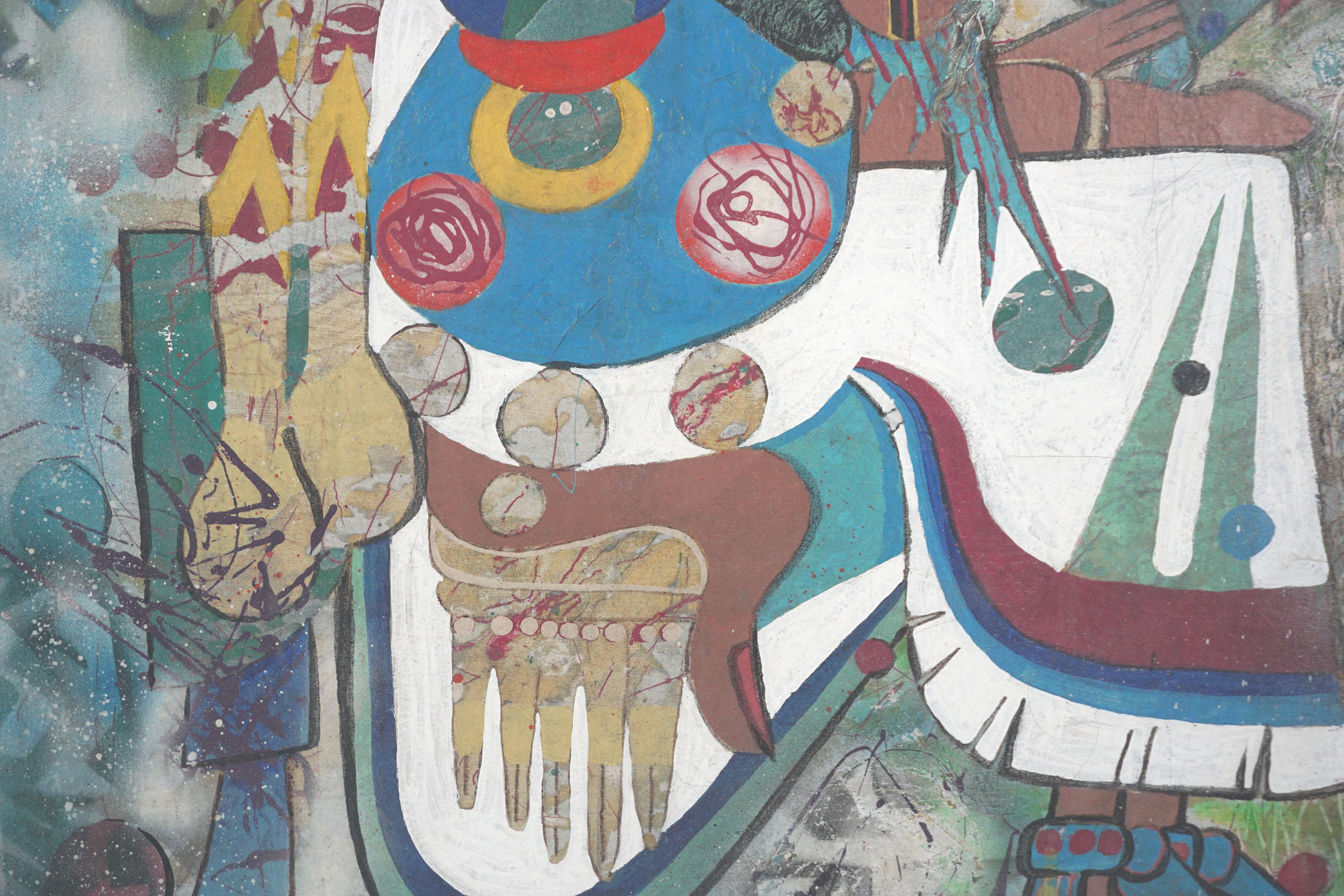 Splendido dipinto contemporaneo di un sacerdote Maya realizzato dall'artista della baia C. Udesen (20° secolo americano) con un imponente costume circondato da iconografia Maya in colori e forme psichedeliche, circa 2000. Firmato sul verso C Udesen.