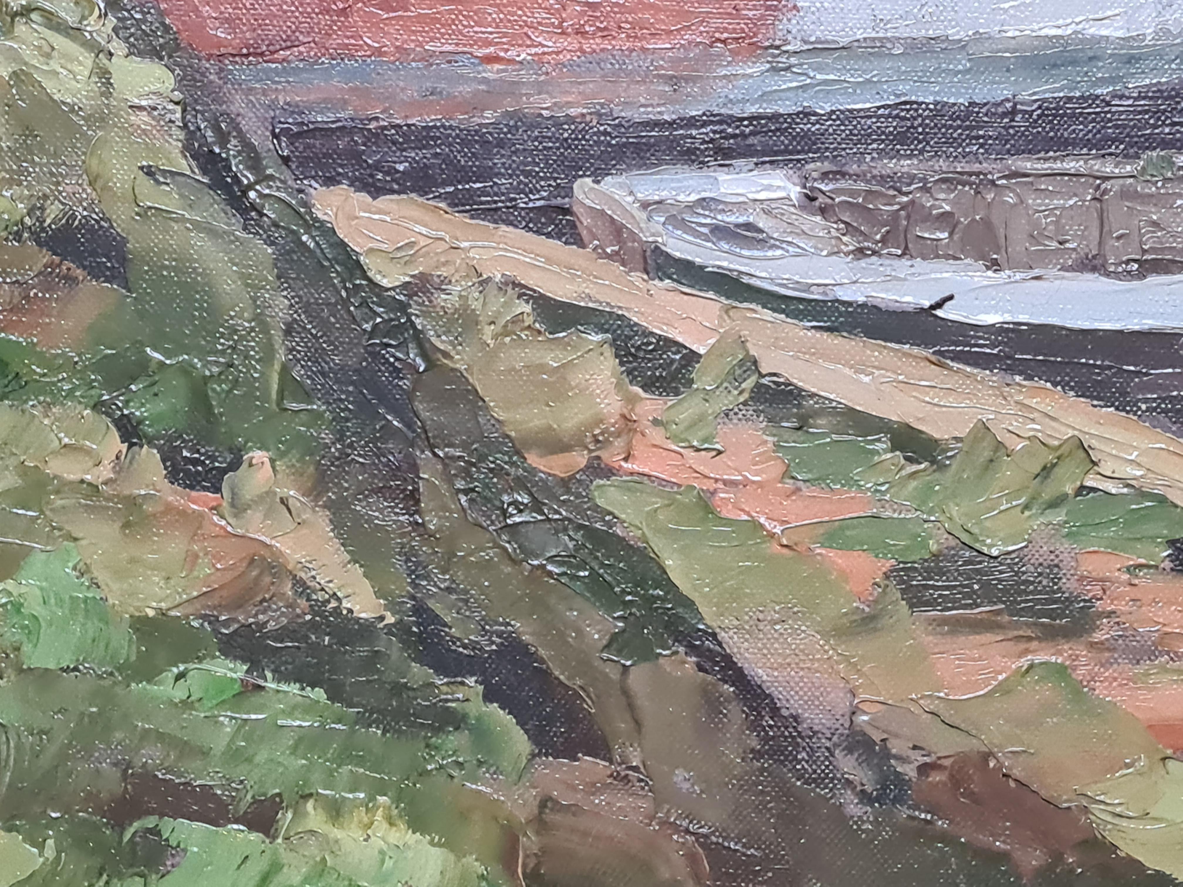 Grande olio su tela olandese dei primi del Novecento, La casa galleggiante su un canale in vendita 5