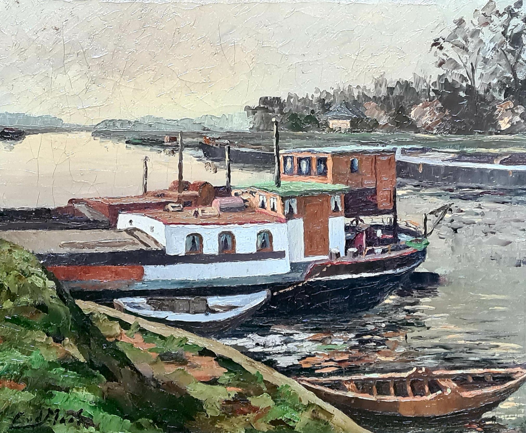 Grande olio su tela olandese dei primi del Novecento, La casa galleggiante su un canale - Painting di C van der Maas