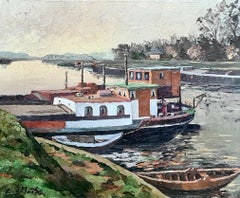 Large Early 20th Century Dutch Oil on Canvas, The Houseboat on a Canal