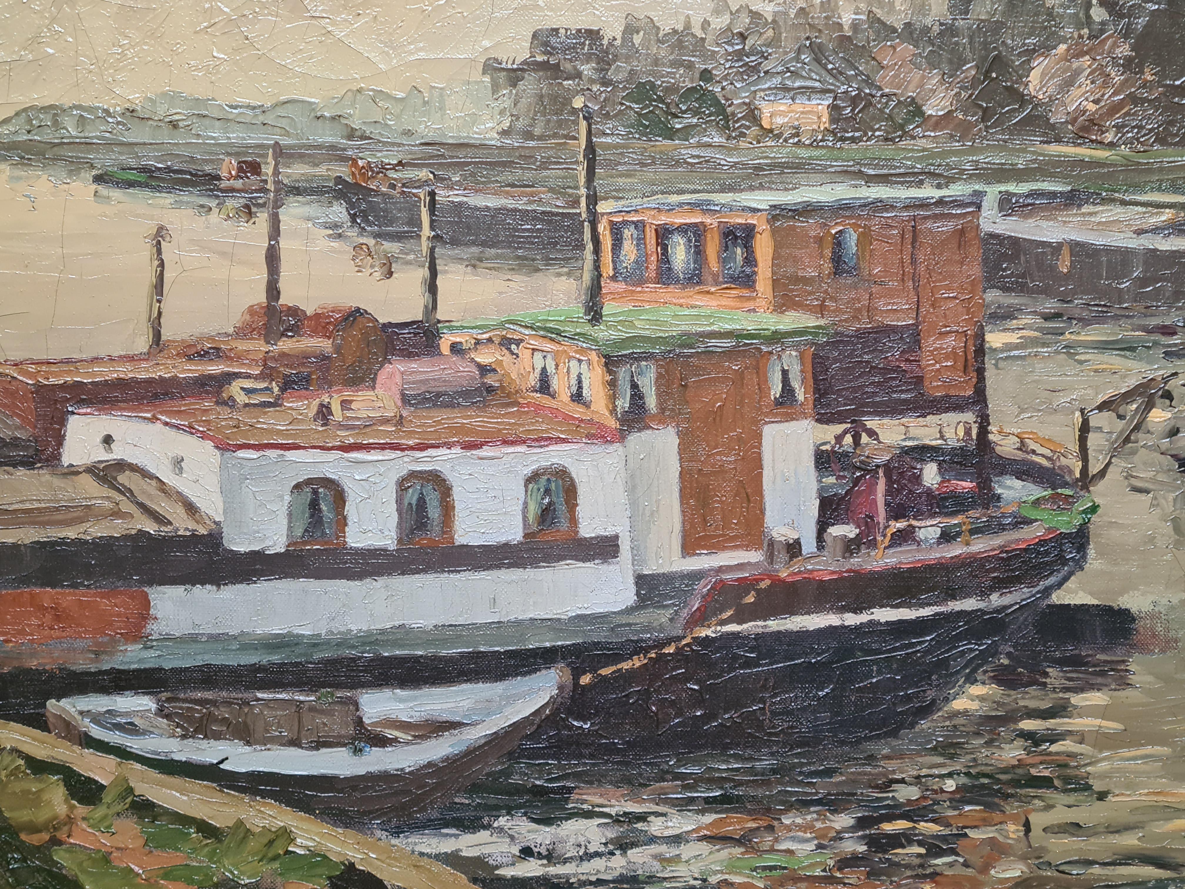 Grande olio su tela olandese dei primi del Novecento, La casa galleggiante su un canale - Landscape Painting Grigio di C van der Maas