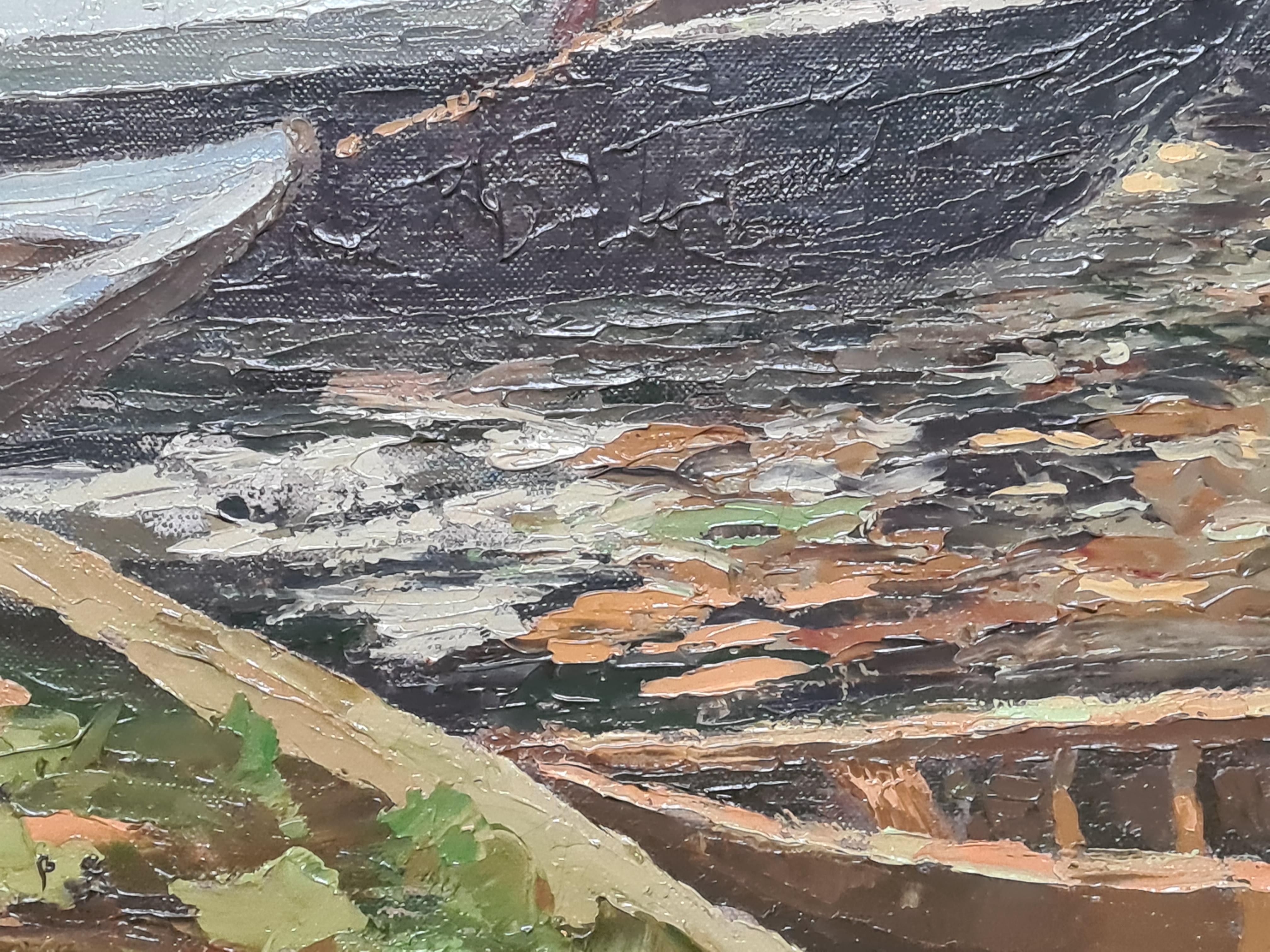 Grande olio su tela olandese dei primi del Novecento, La casa galleggiante su un canale in vendita 4