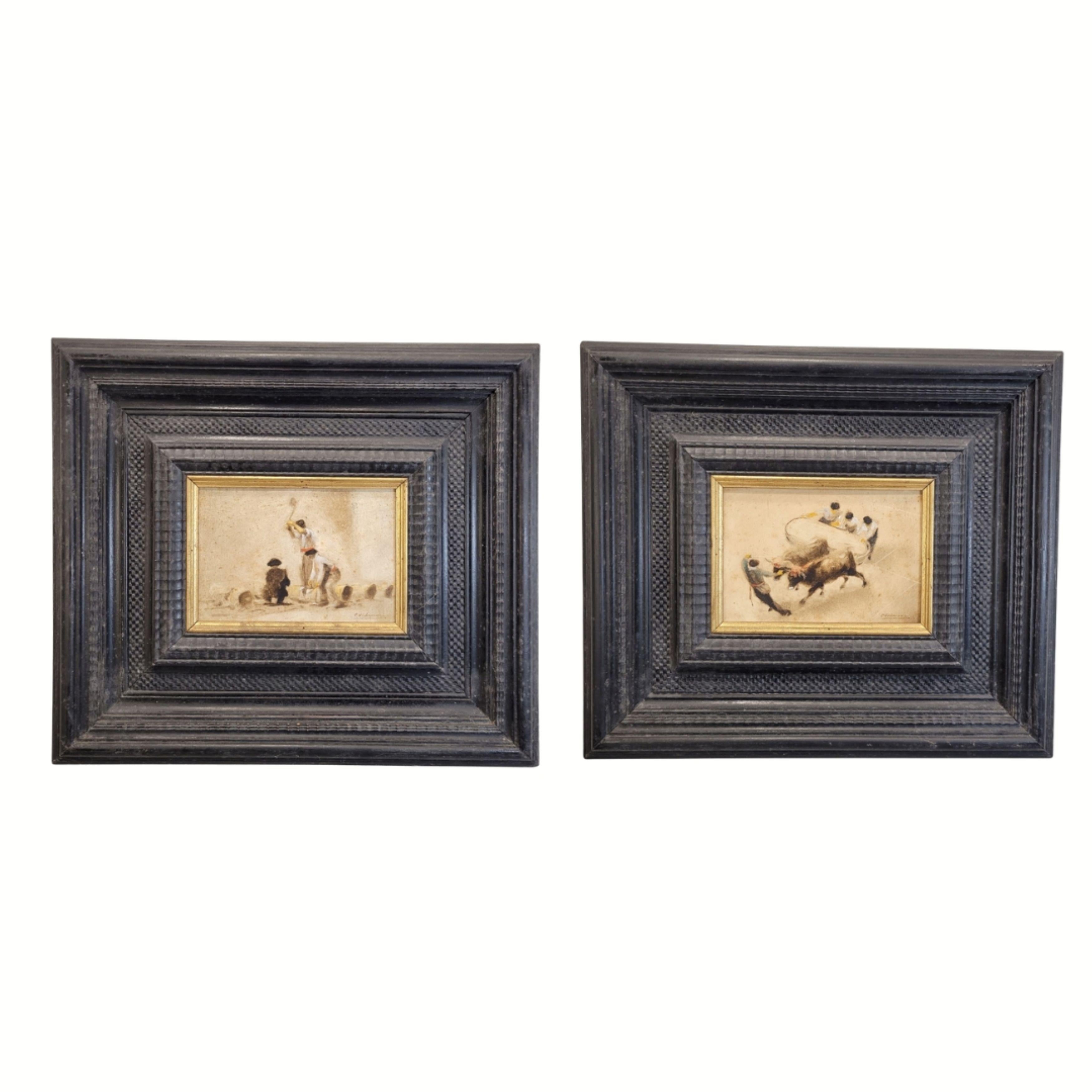 Art Deco pair of Oil on panel “Basque Customs”, C. Vidaime, Spain