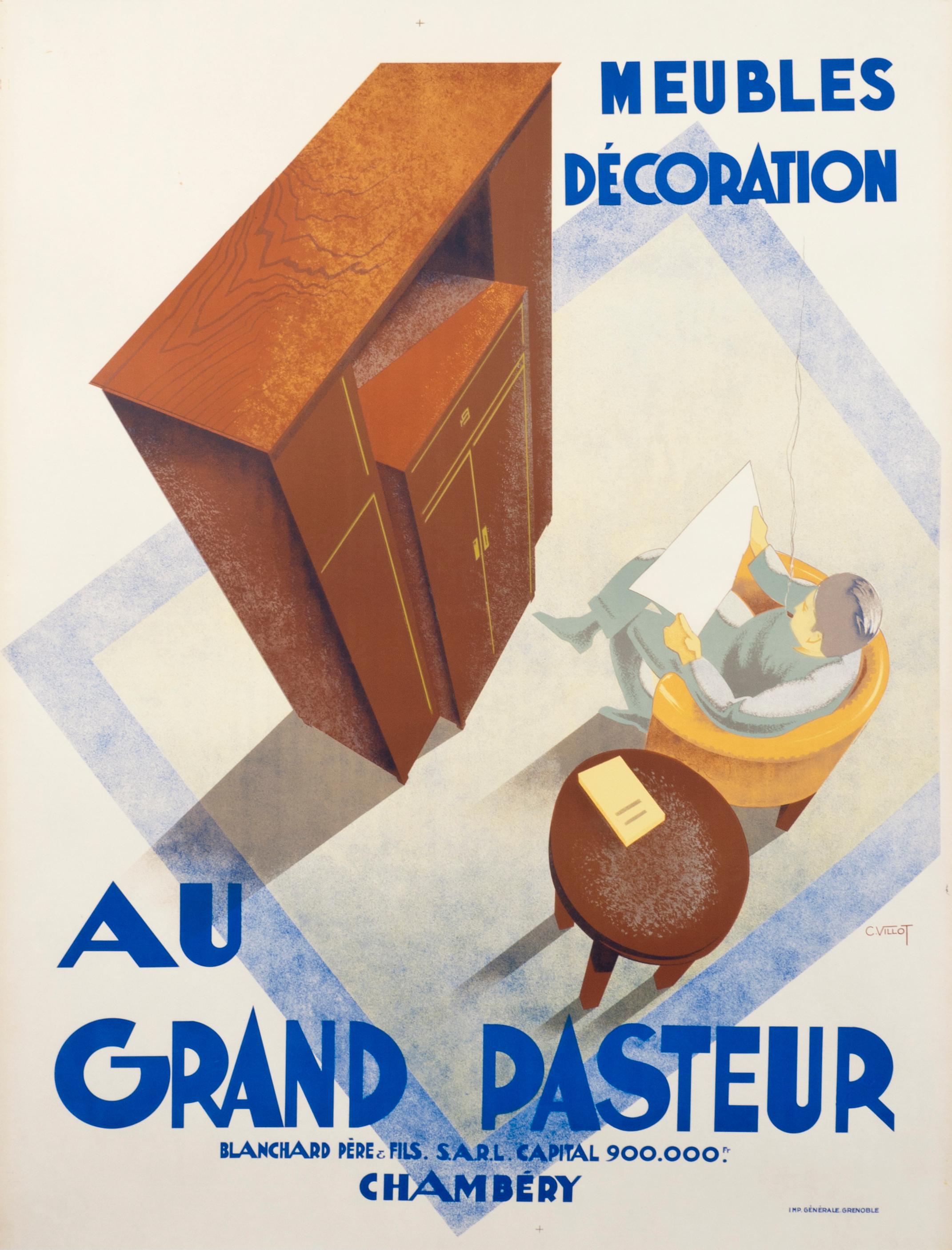 C. Villot Interior Print - "Au Grand Pasteur" French Art Deco Furniture Original Vintage Poster