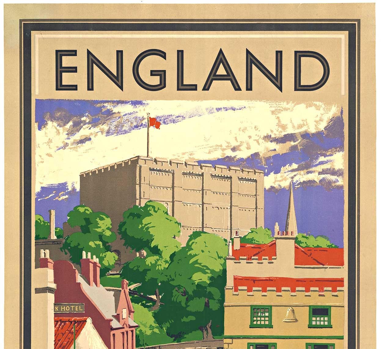 Original Castillo de Norwich Inglaterra litográfico cartel de viaje británico de época - Print de C. W. Hobbis