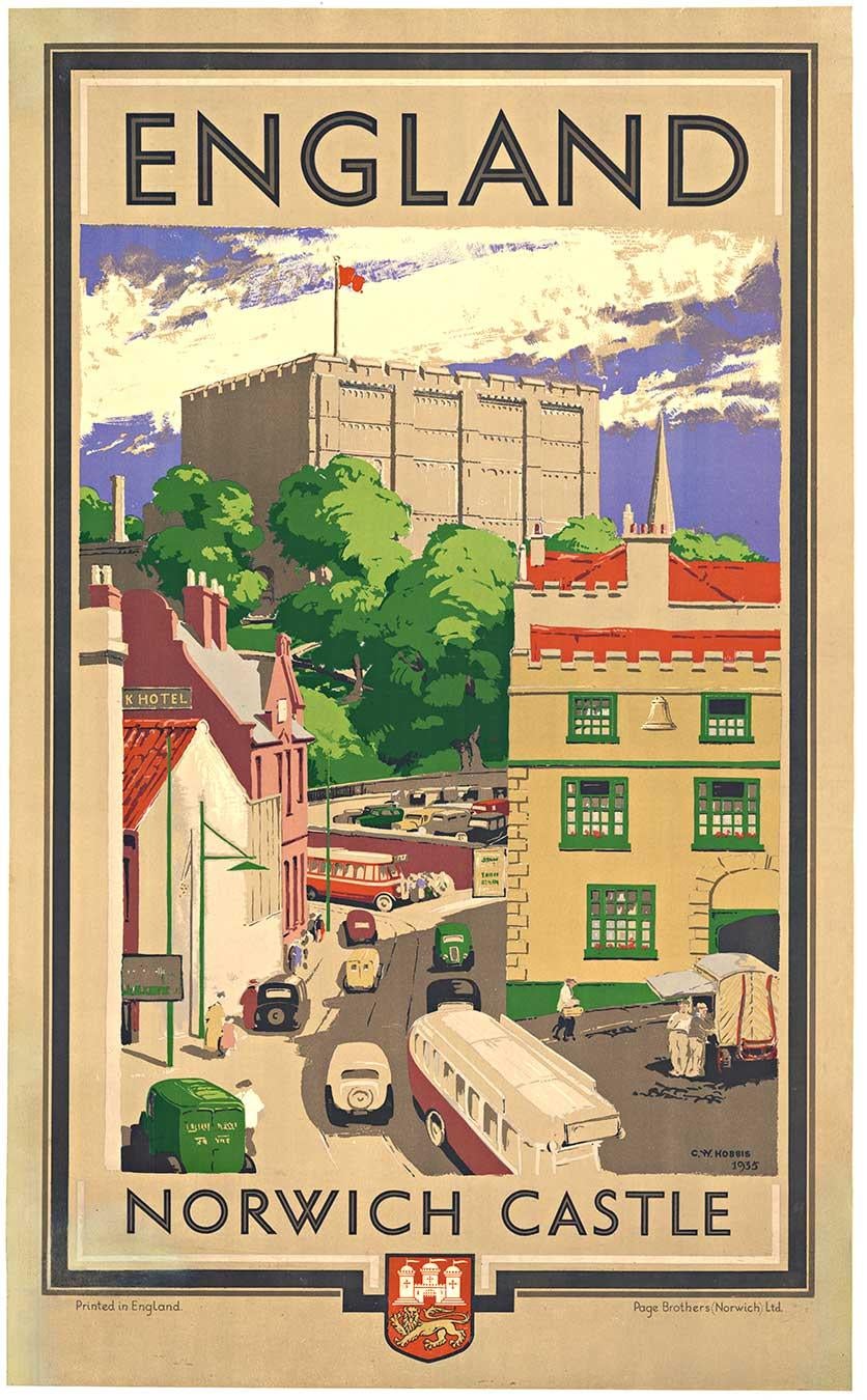 Original Castillo de Norwich Inglaterra litográfico cartel de viaje británico de época