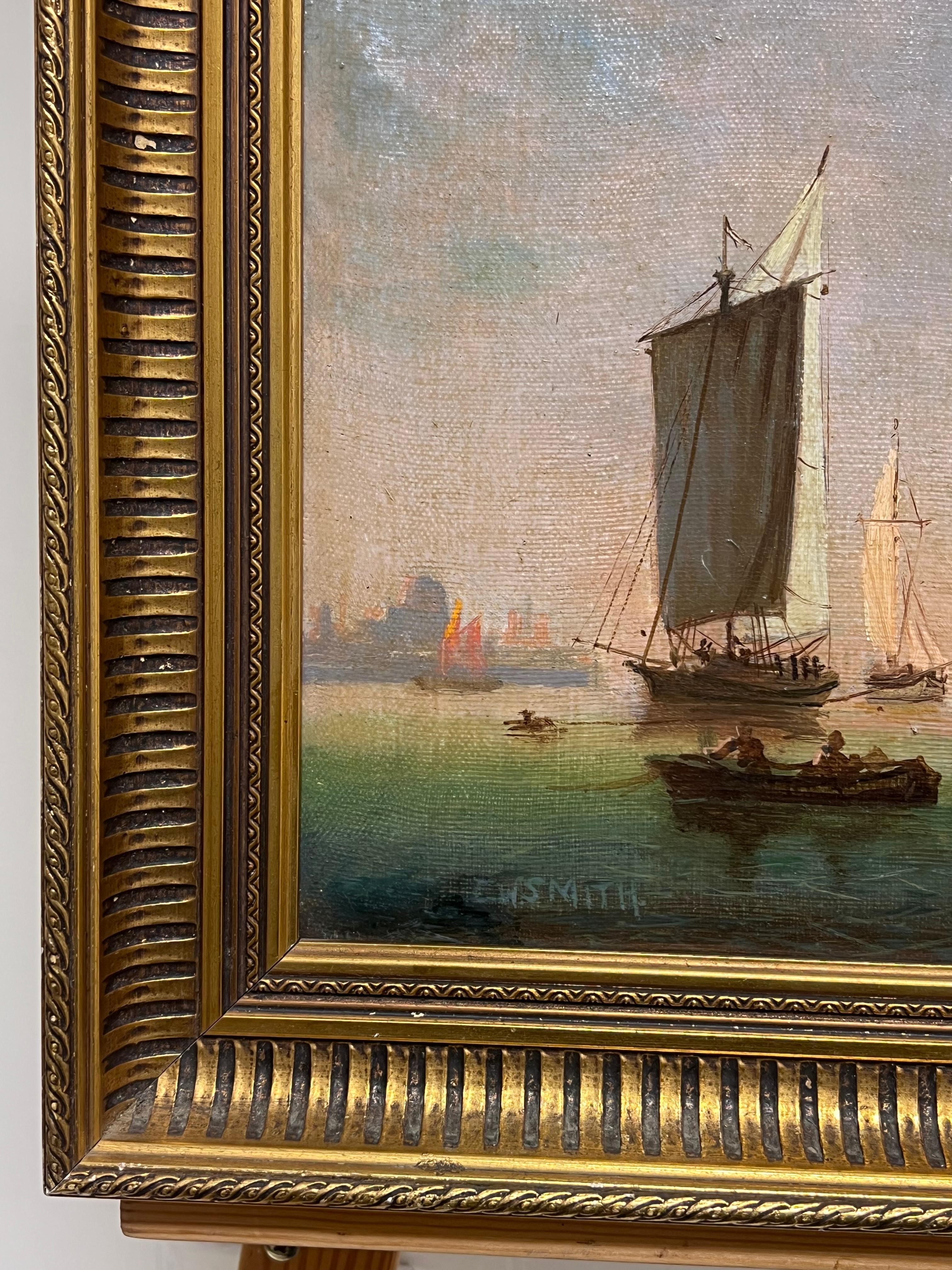 Navi a vela olandesi in un porto calmo Firmato Antico dipinto a olio marino inglese in vendita 5