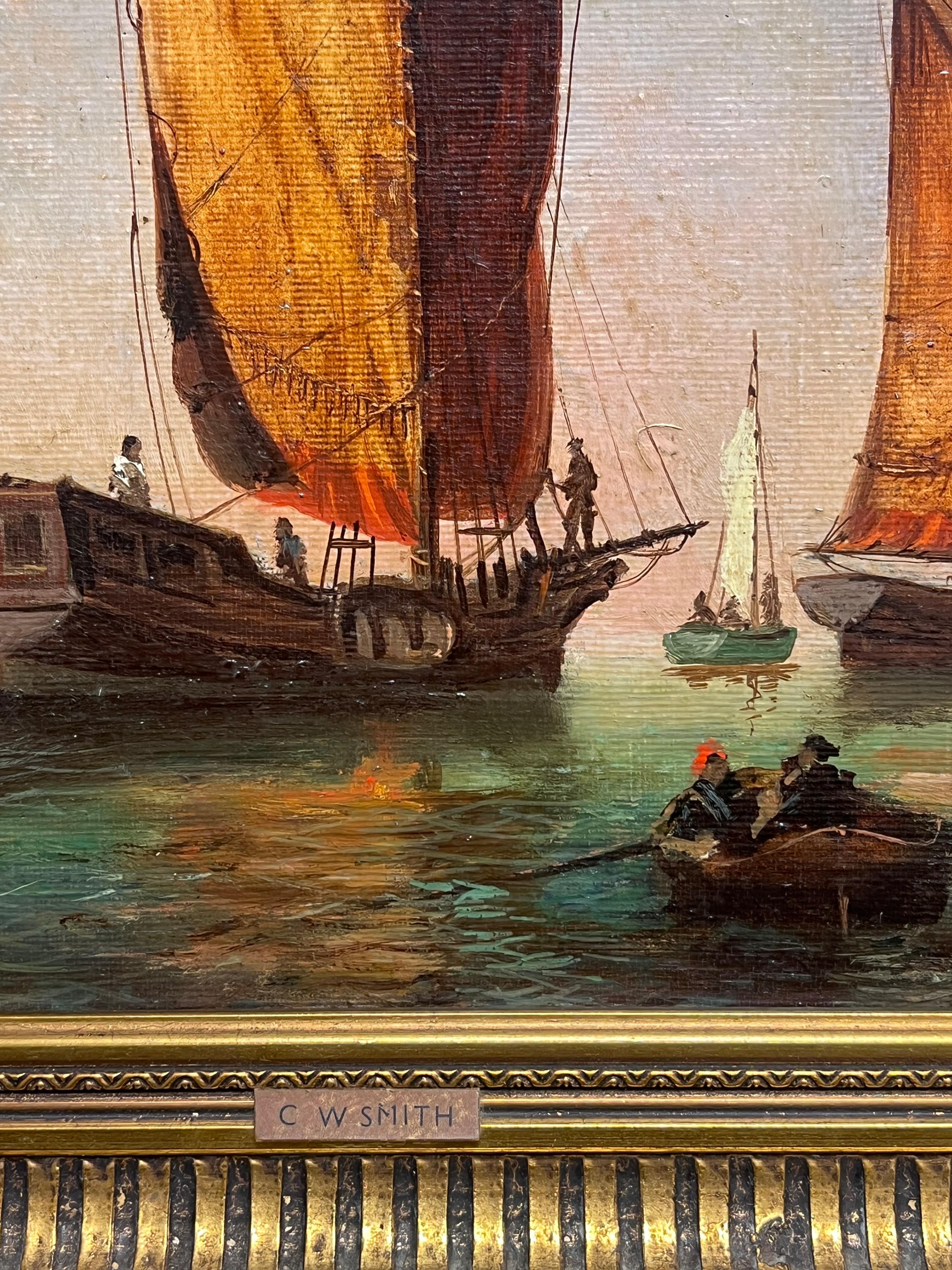 Navi a vela olandesi in un porto calmo Firmato Antico dipinto a olio marino inglese in vendita 6