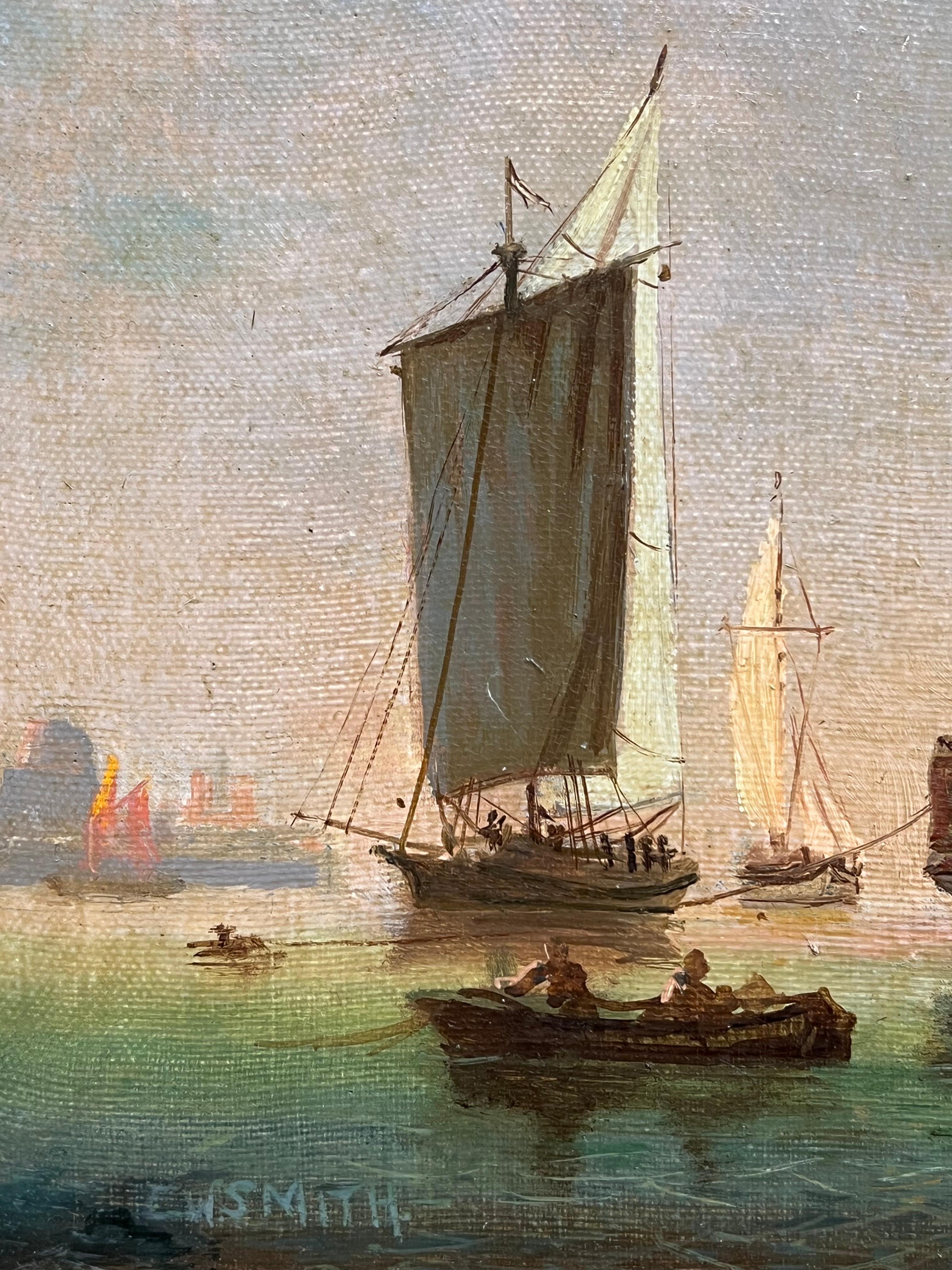 Navi a vela olandesi in un porto calmo Firmato Antico dipinto a olio marino inglese in vendita 7