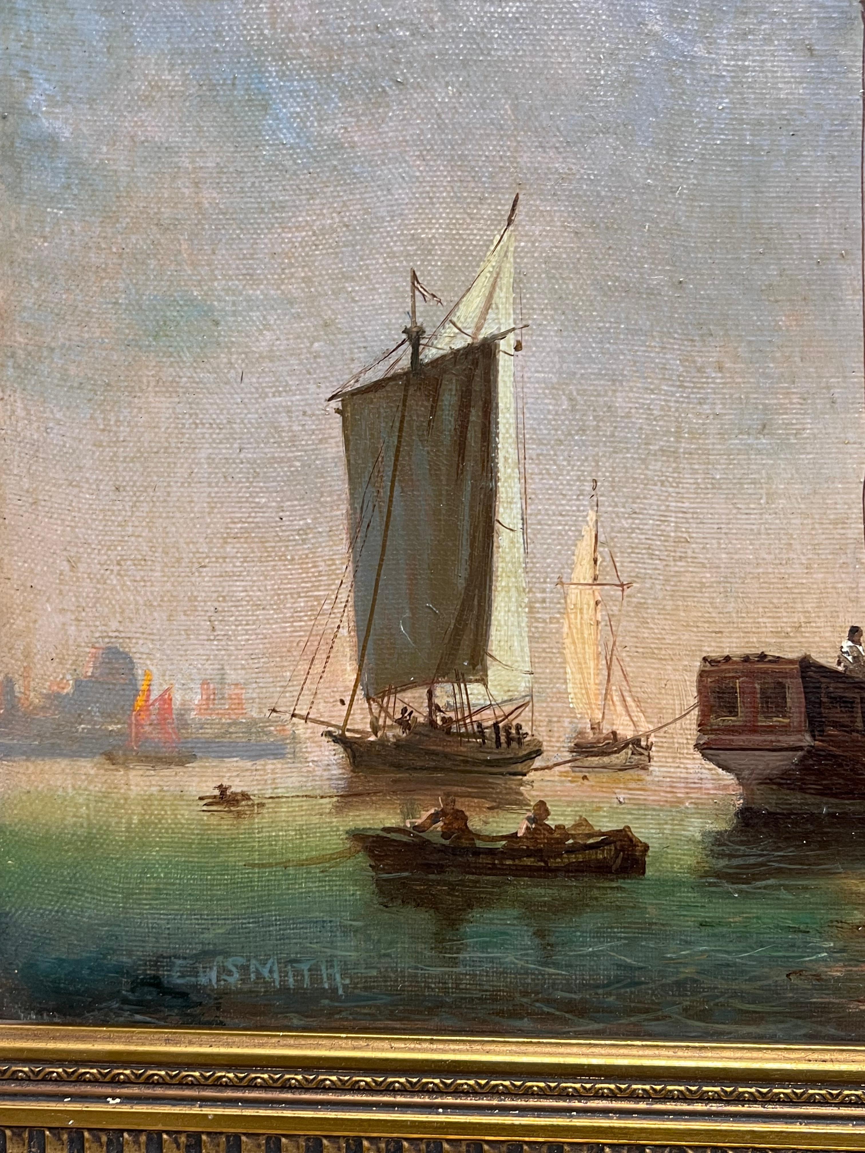 Navi a vela olandesi in un porto calmo Firmato Antico dipinto a olio marino inglese - Painting di C. W. Smith