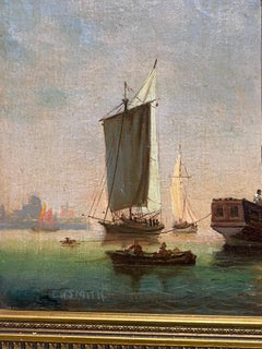 Dutch Sailing Ships in Calm Harbour Signed Antique English Marine Oil Painting