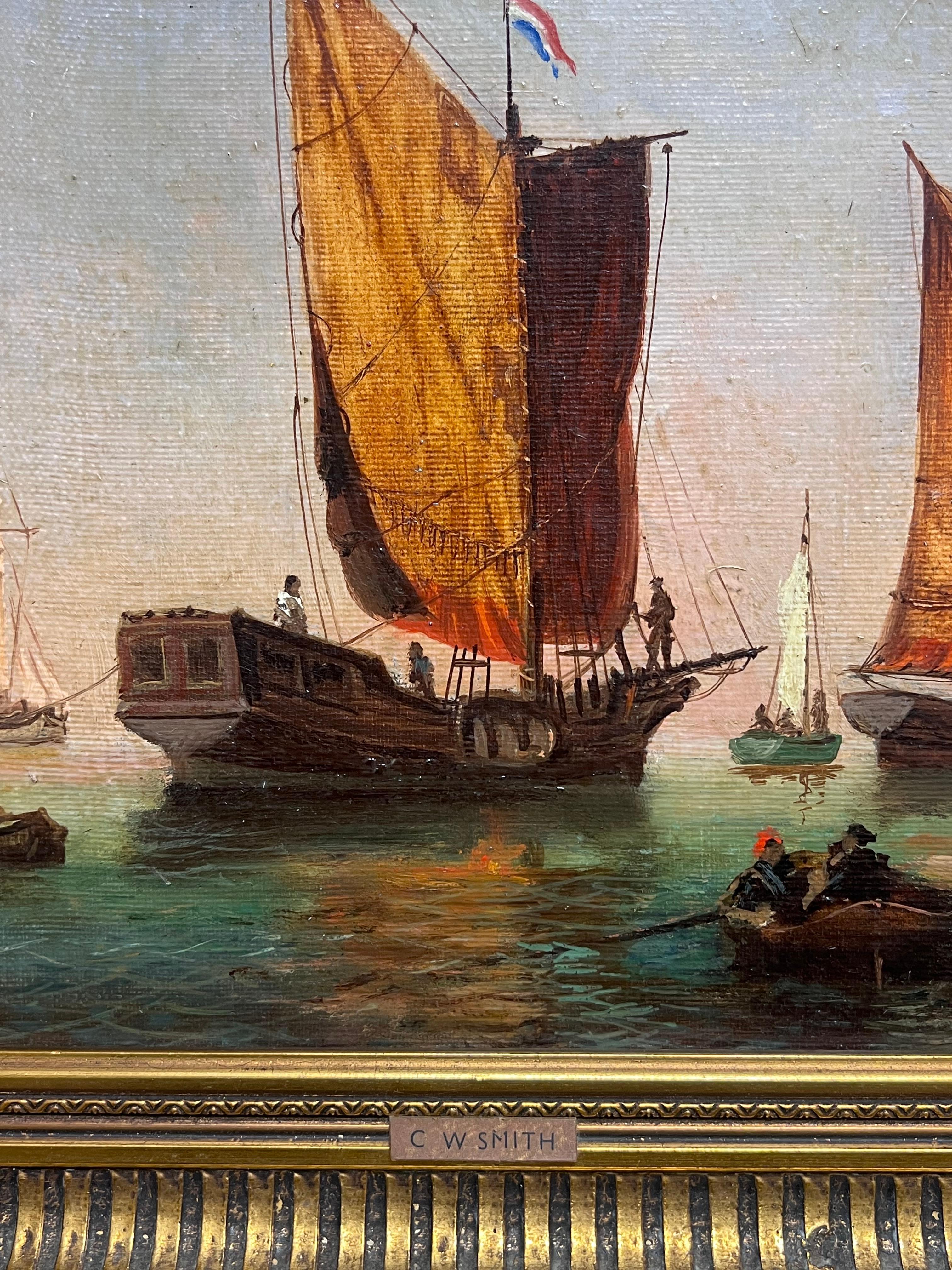 Navi a vela olandesi in un porto calmo Firmato Antico dipinto a olio marino inglese - Painting Scuola inglese di C. W. Smith