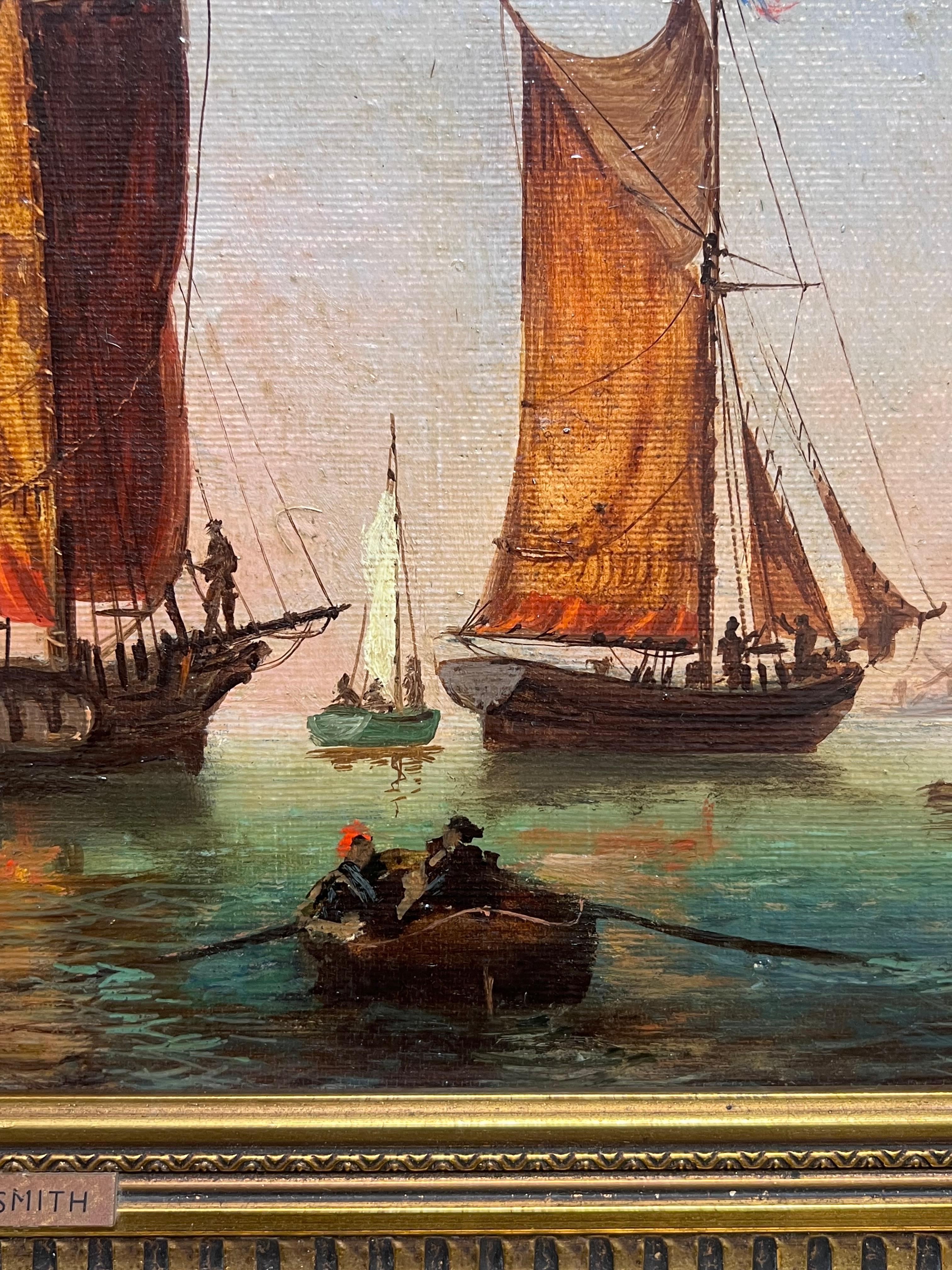 Navi a vela olandesi in un porto calmo Firmato Antico dipinto a olio marino inglese - Landscape Painting Nero di C. W. Smith