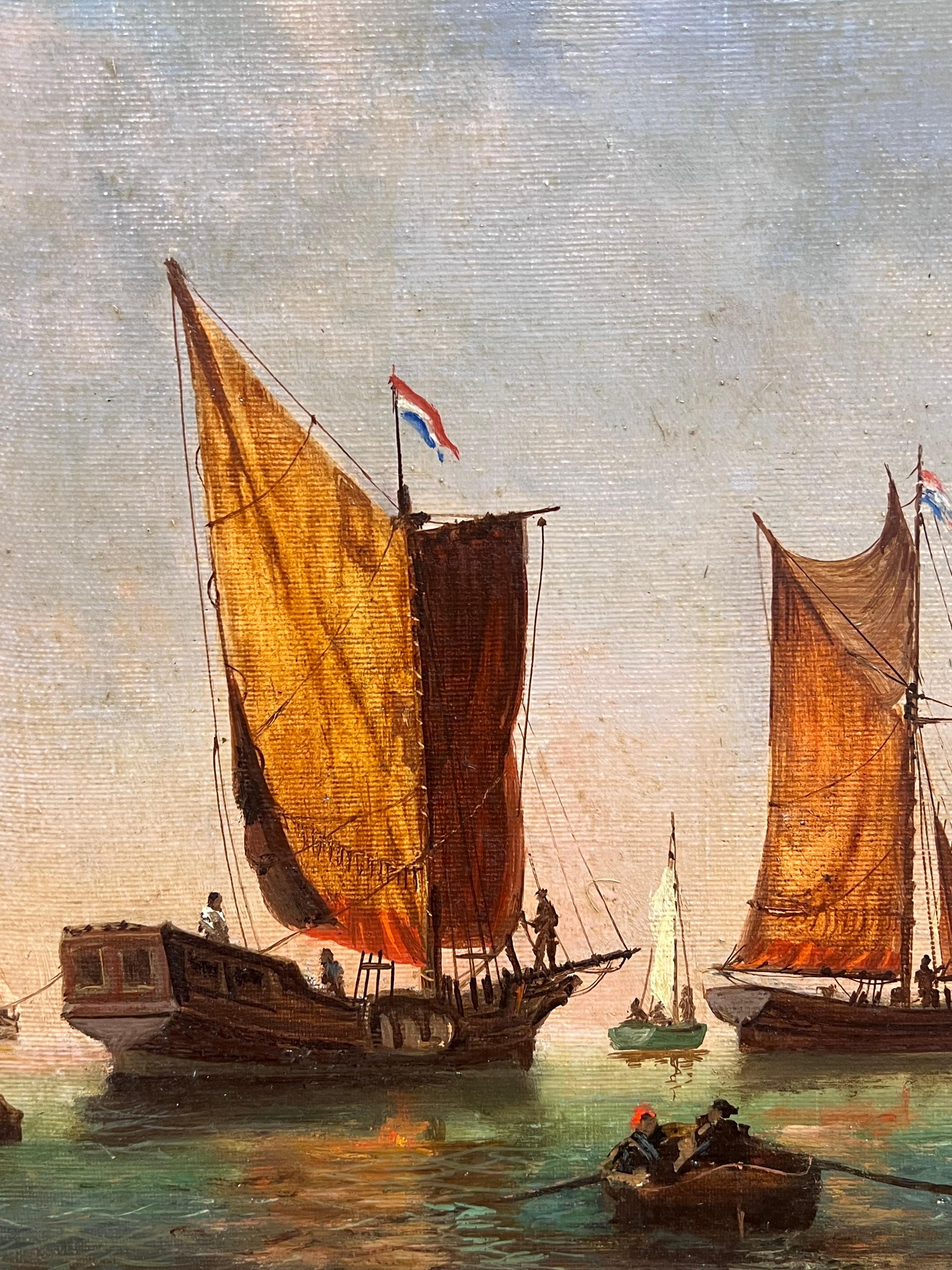 Navi a vela olandesi in un porto calmo Firmato Antico dipinto a olio marino inglese in vendita 1
