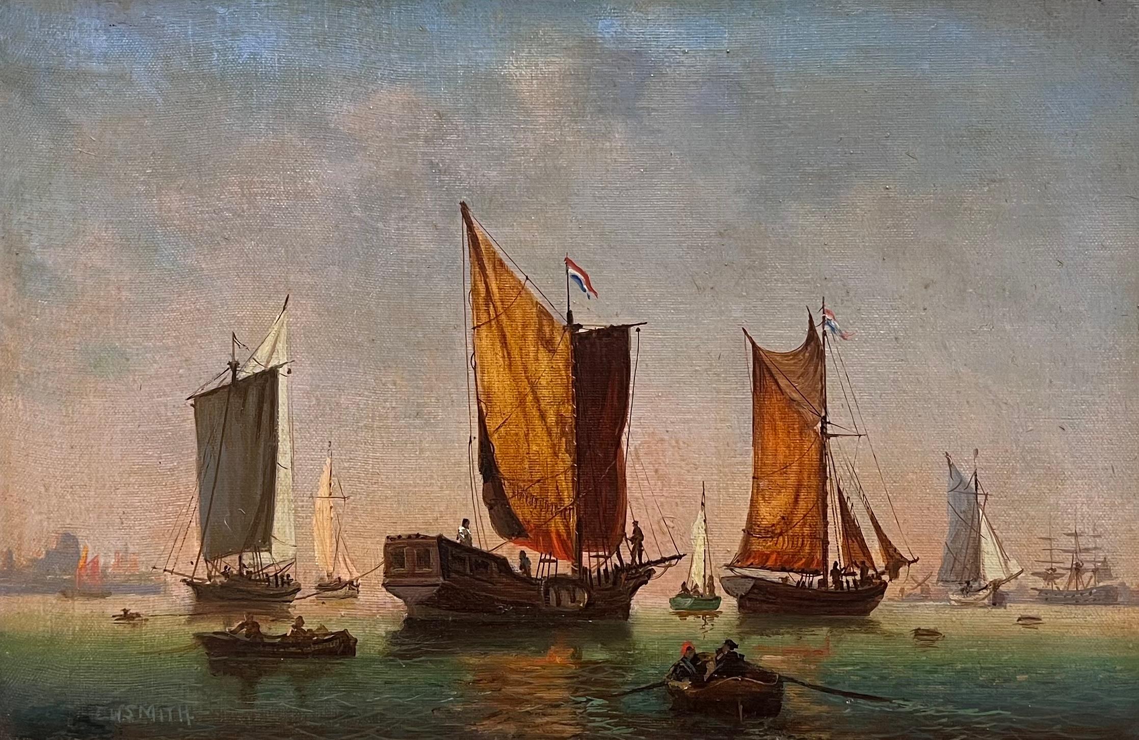 Navi a vela olandesi in un porto calmo Firmato Antico dipinto a olio marino inglese in vendita 2