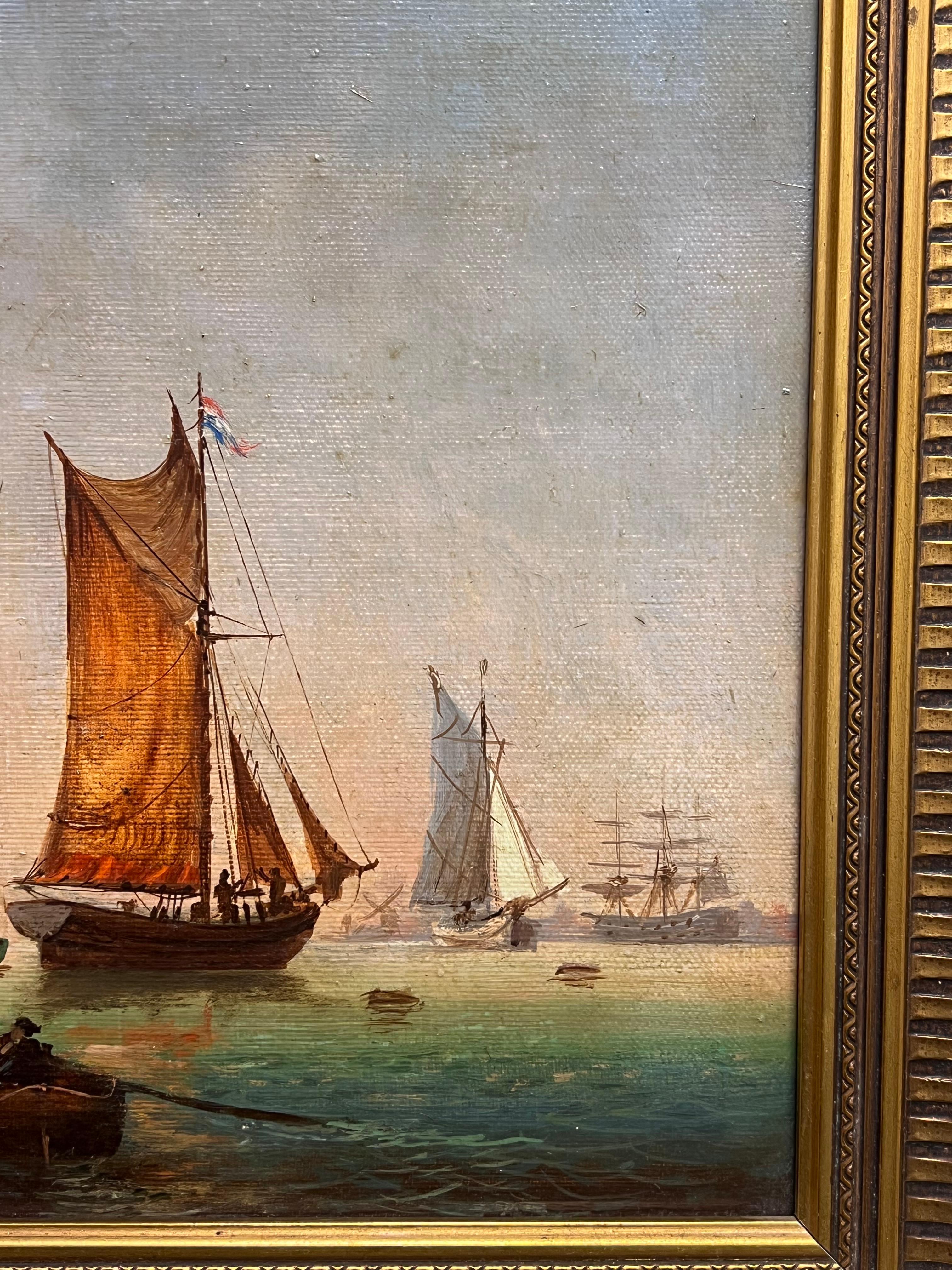 Navi a vela olandesi in un porto calmo Firmato Antico dipinto a olio marino inglese in vendita 3