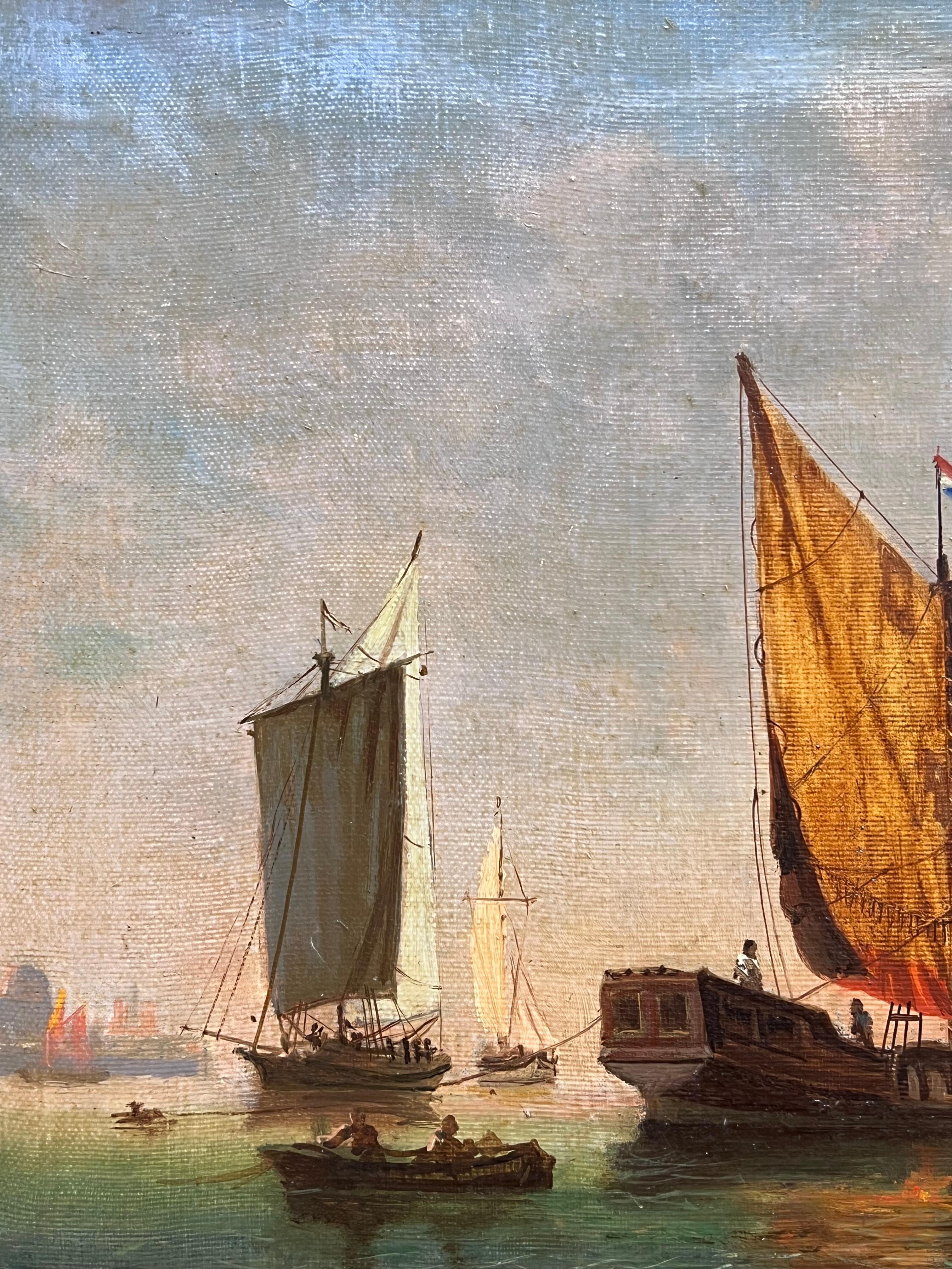 Navi a vela olandesi in un porto calmo Firmato Antico dipinto a olio marino inglese in vendita 4