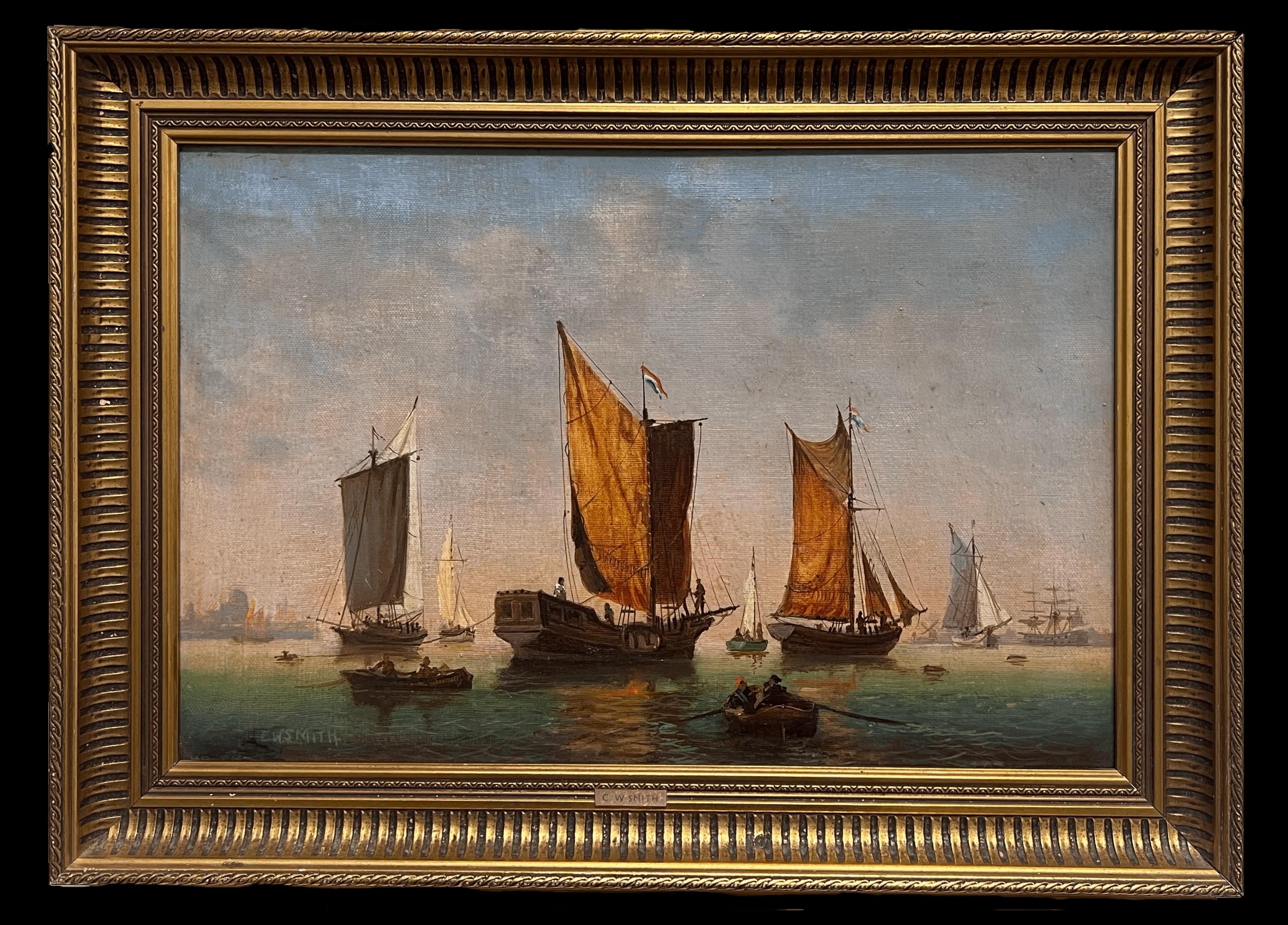 Landscape Painting di C. W. Smith - Navi a vela olandesi in un porto calmo Firmato Antico dipinto a olio marino inglese