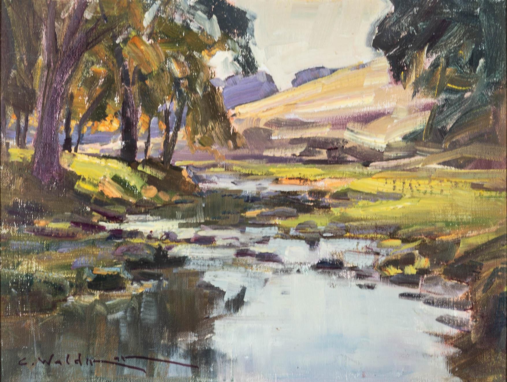 C. Walden - Olio del 1995 incorniciato, Scena di fiume luminosa in vendita 2