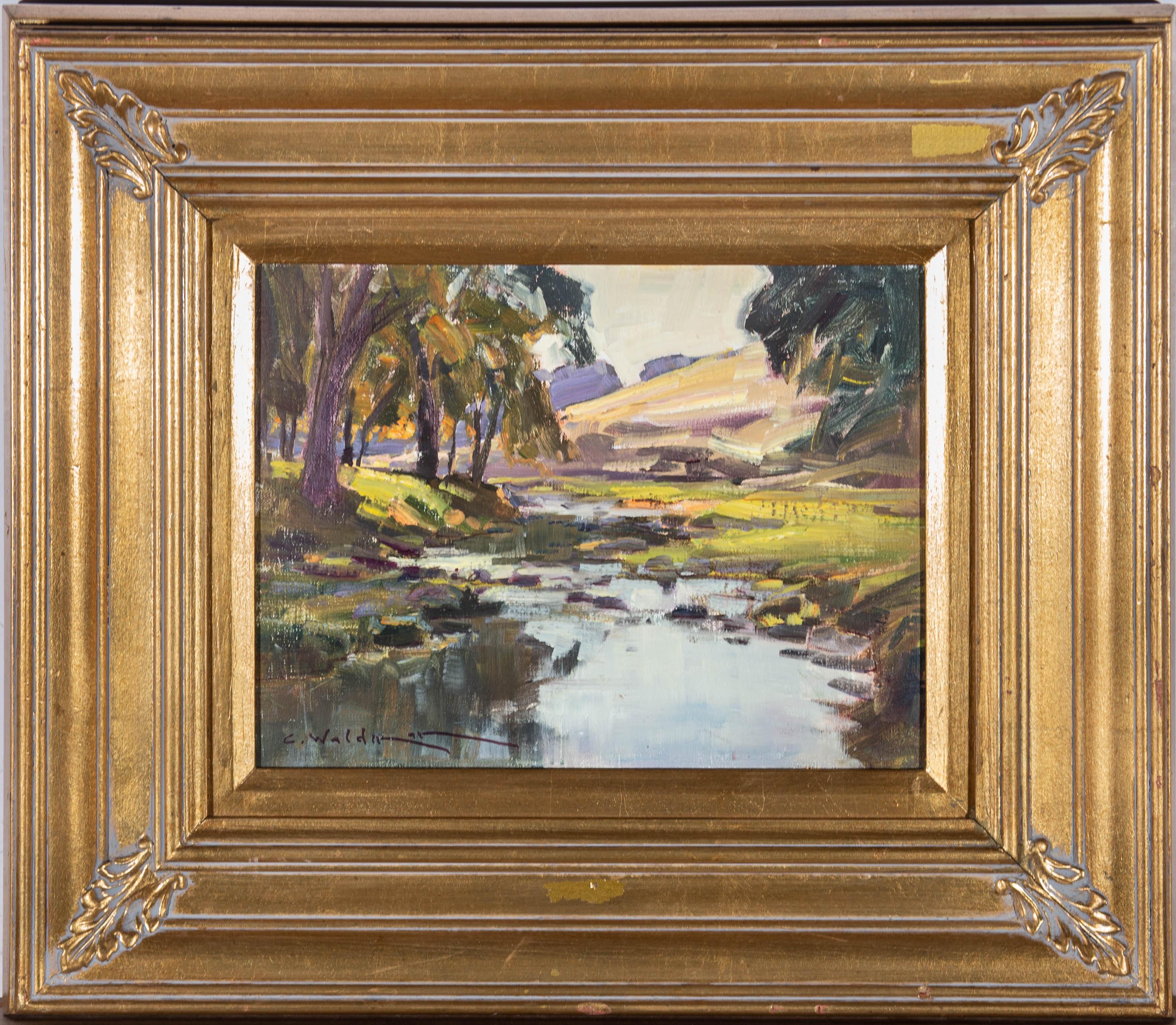 A very fine landscape study depicting a tranquil river on a late summer afternoon. Possibly depicting a Mexican landscape. Inscribed indistinctly to the reverse with the title. Signed and dated. On canvas board.



