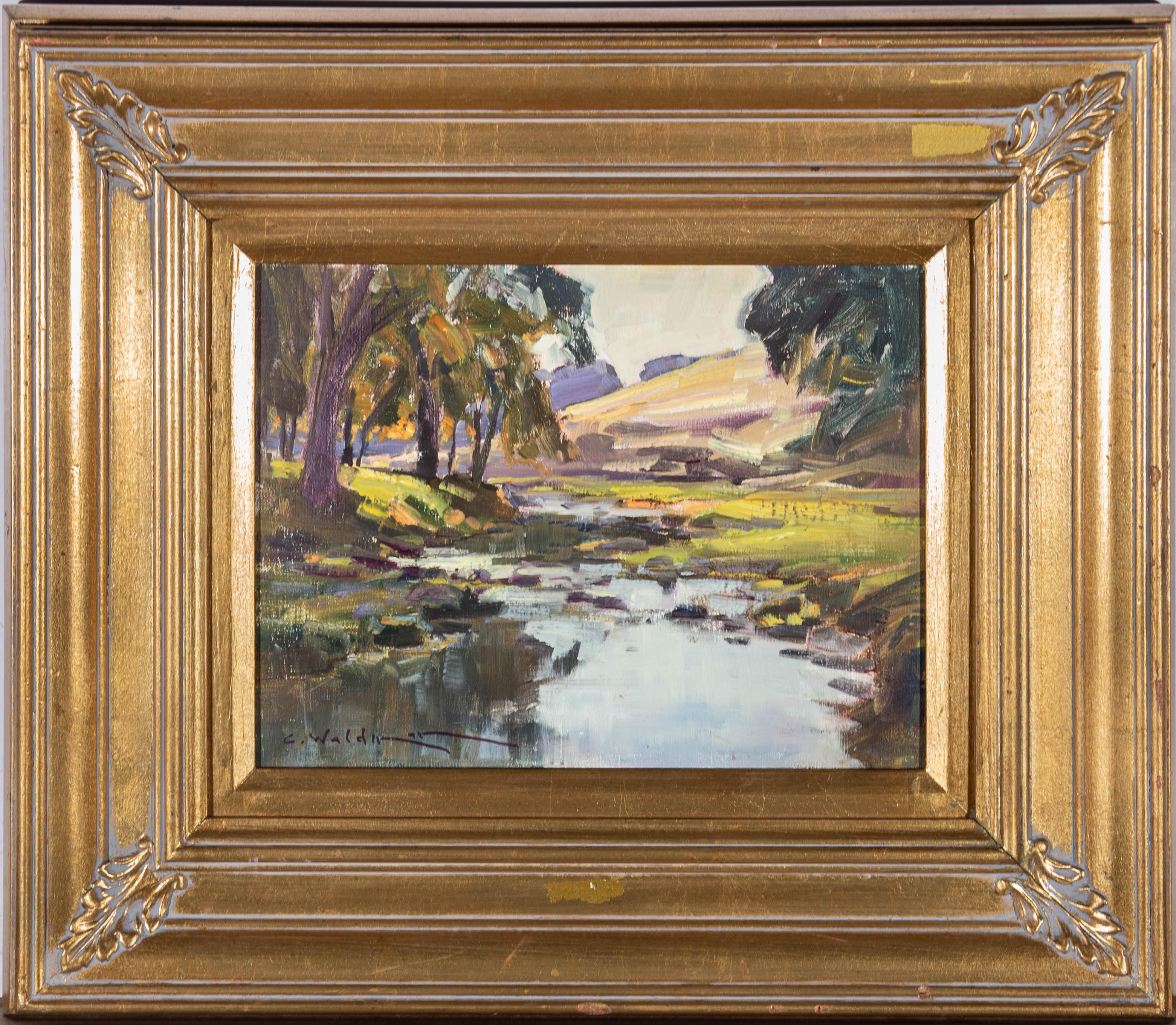 Uno studio paesaggistico molto bello che ritrae un fiume tranquillo in un pomeriggio di fine estate. Forse raffigura un paesaggio messicano. Inscritto indistintamente al verso con il titolo. Firmato e datato. Su tavola di tela.



