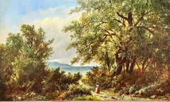 Raffinato dipinto a olio inglese vittoriano del 1870: Signora che cammina su un sentiero di campagna, incorniciato
