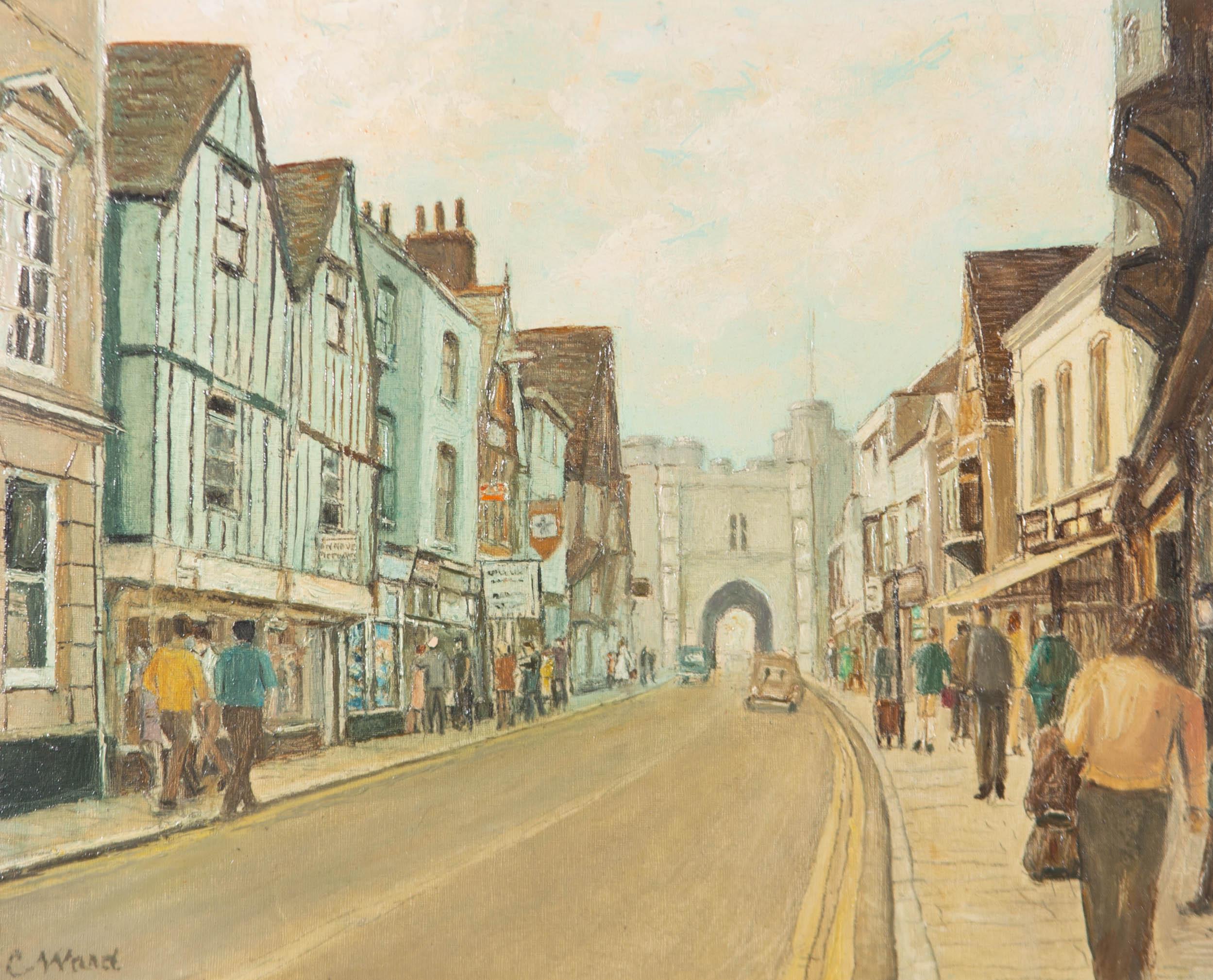 The Westgate of Canterbury shadows a busy street on an overcast summer afternoon. A signature in the bottom left-hand corner reads 'C. Ward'. Affixed to the reverse is an inscription detailing the location of the artwork's subject.

The painting is