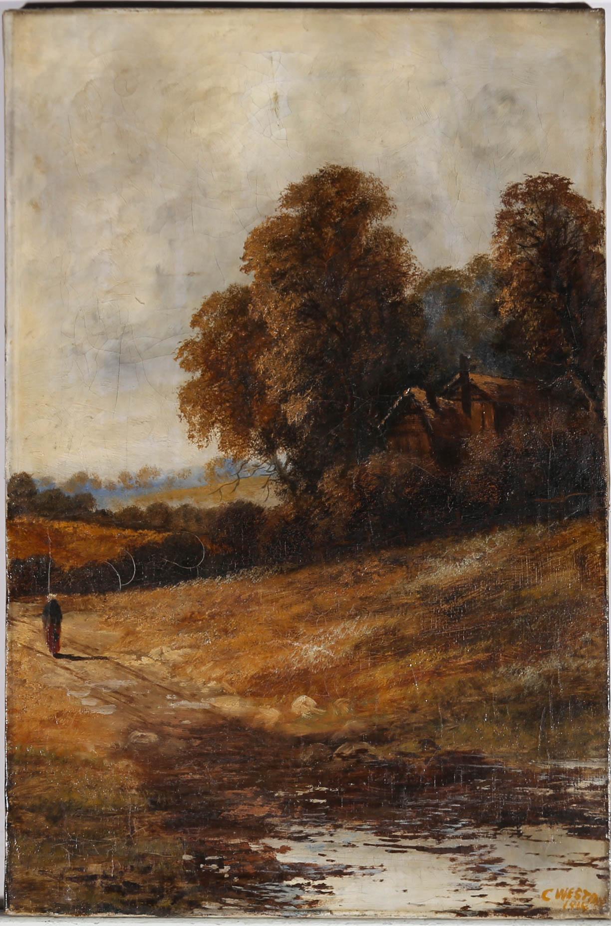 A charming depiction of a woman walking back along the river path. In the distance the artist depicts rolling hills and a small woodland cottage. Signed and dated to the lower right. On canvas.





