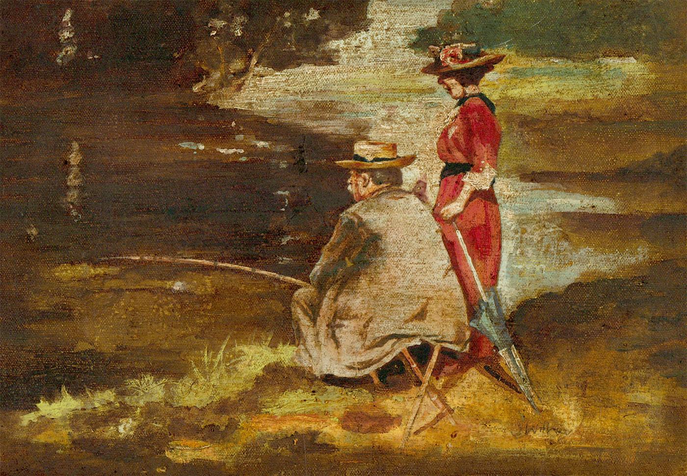 A fine American School oil painting of a gentleman fishing with his female companion. Presented in a gilt effect frame. Signed. On canvas.