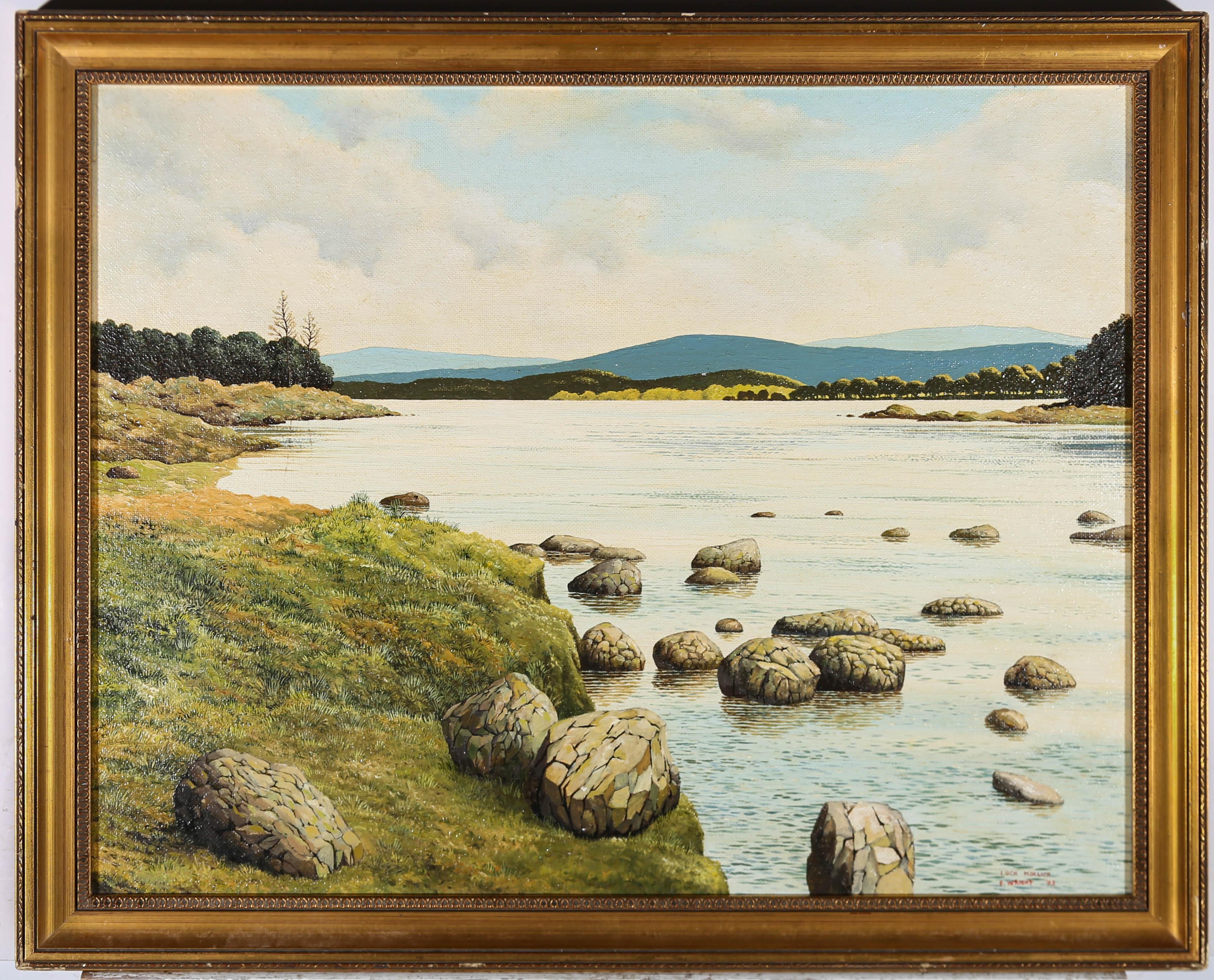 A fine contemporary view of Loch Morlich in oils. The artist has signed, dated and inscribed to the lower right corner and the painting has been presented in a 20th Century gilt frame. On canvas board.

















