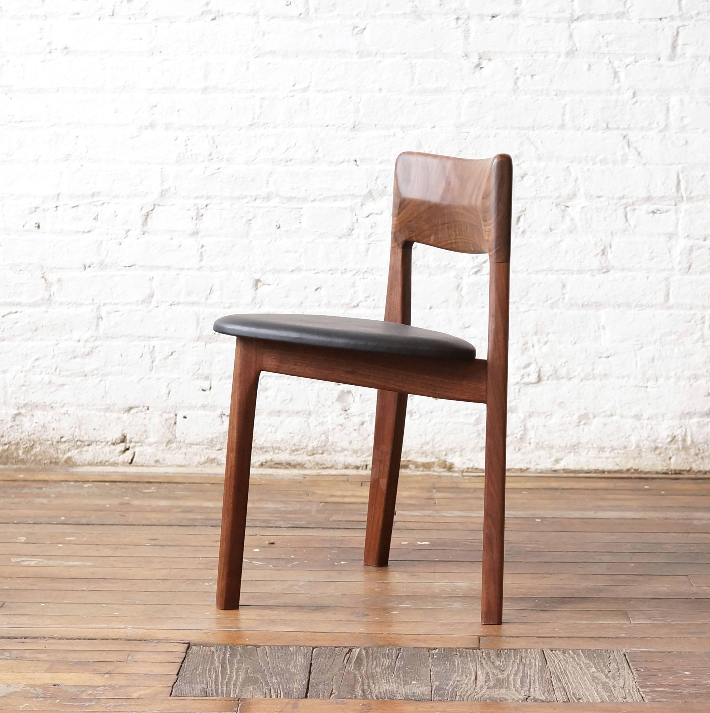 Mid-Century Modern C11 Three-Legged Dining Chair, Handcrafted in Solid Black Walnut and Leather For Sale