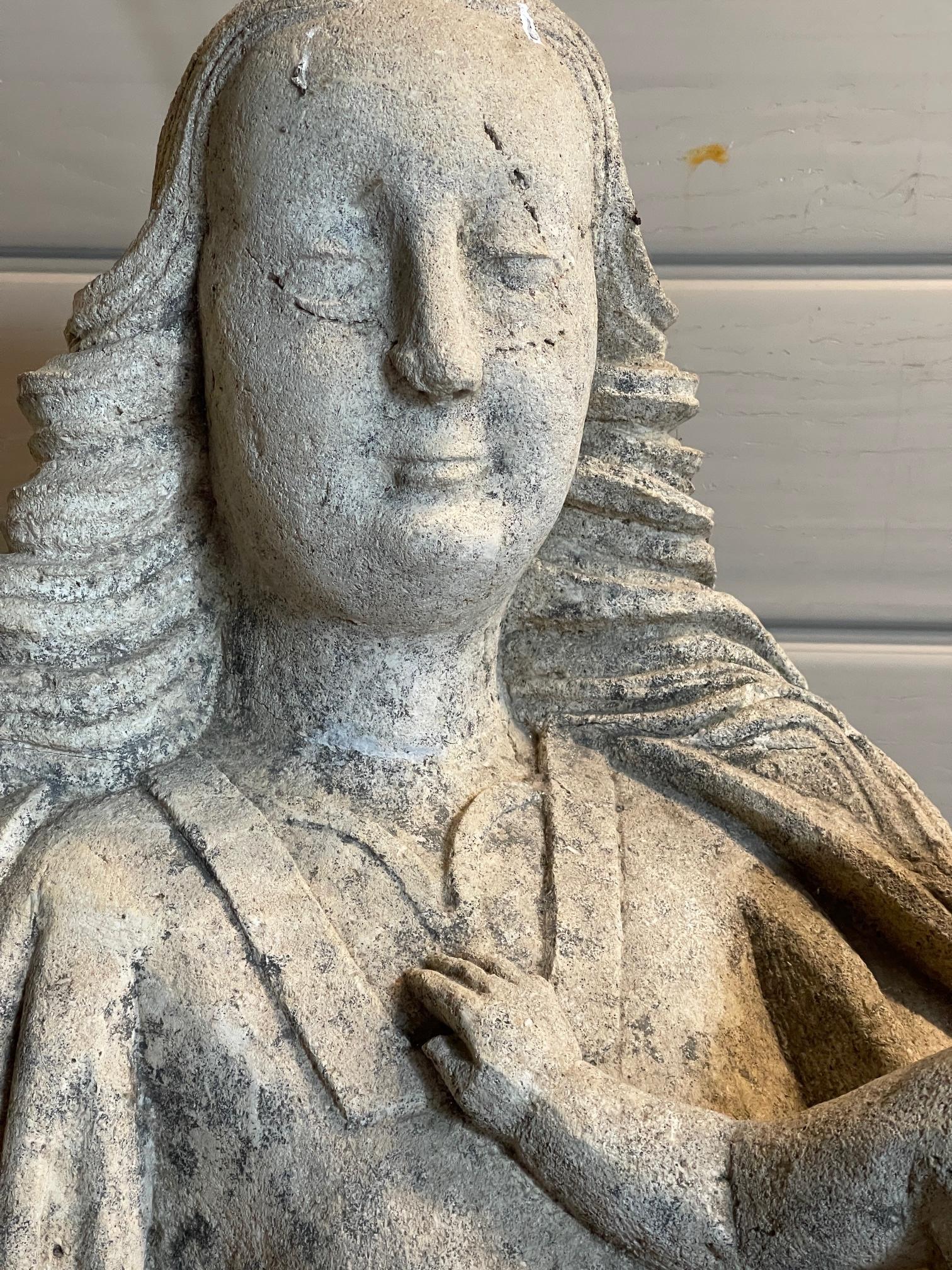 C1350 limestone sculpture of seated Madonna with 6 fingers on her right hand In Good Condition For Sale In Bakewell, GB