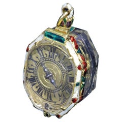 Montre à pendentif anglaise en émail et cristal de roche, vers 1630