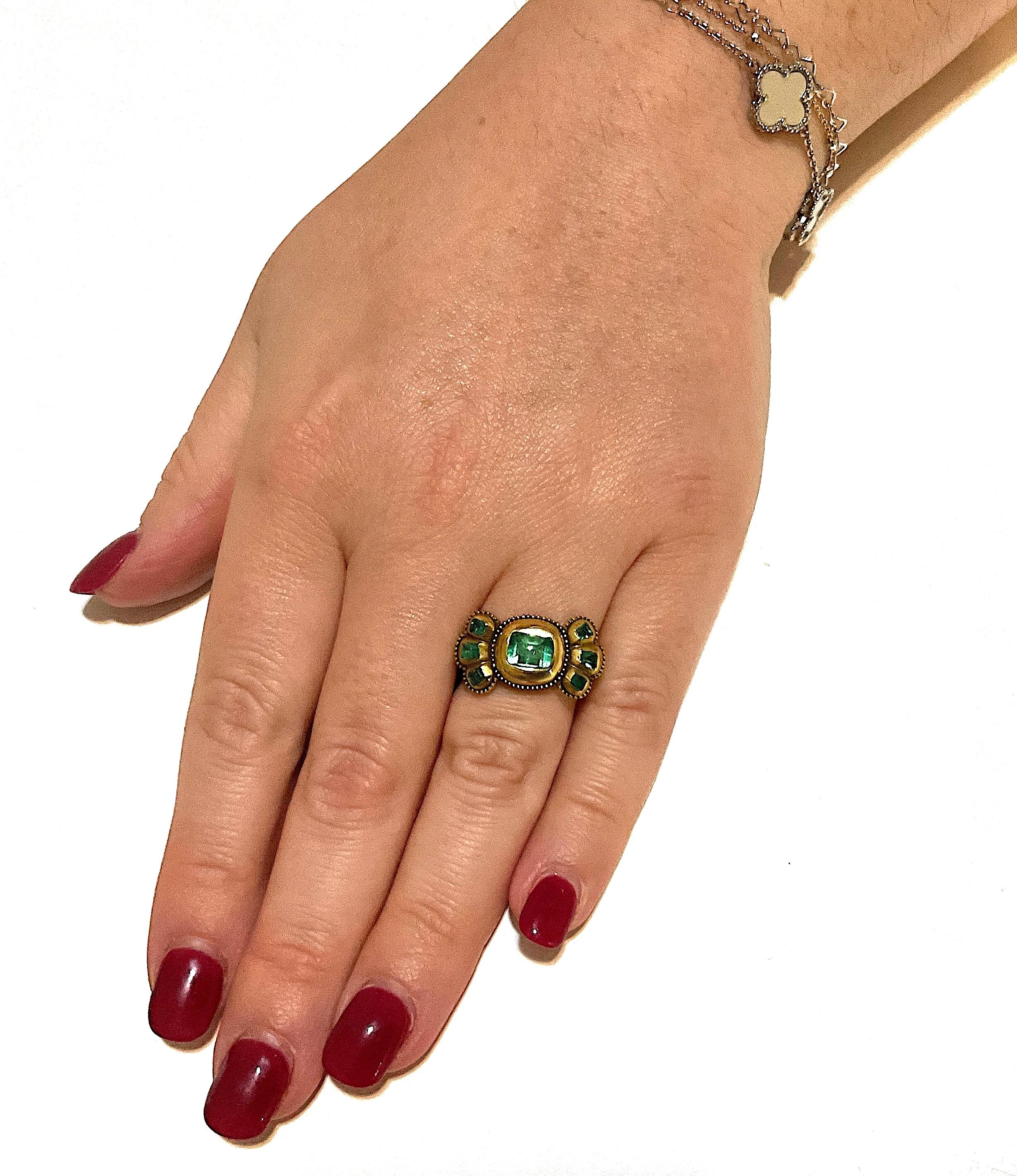 C1690 Iberian 7 Stone Table Cut Emerald Bow Form Ring For Sale 7