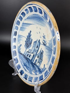 c.1750-1820 Catalan Blue & White Faience Plate with Ship Scene, Spain, 10 in