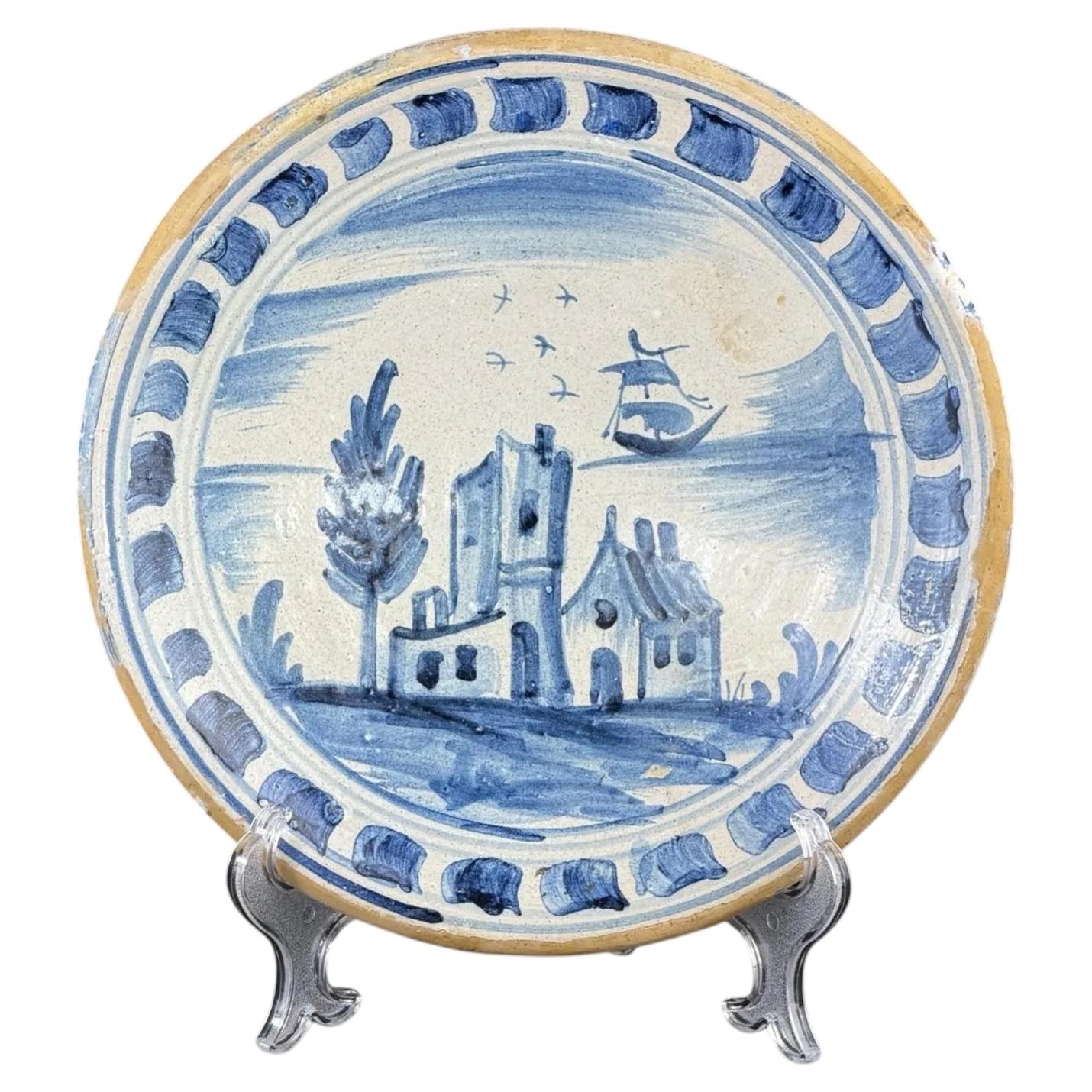 c.1750-1820 Catalan Blue & White Faience Plate with Ship Scene, Spain, 10 in For Sale