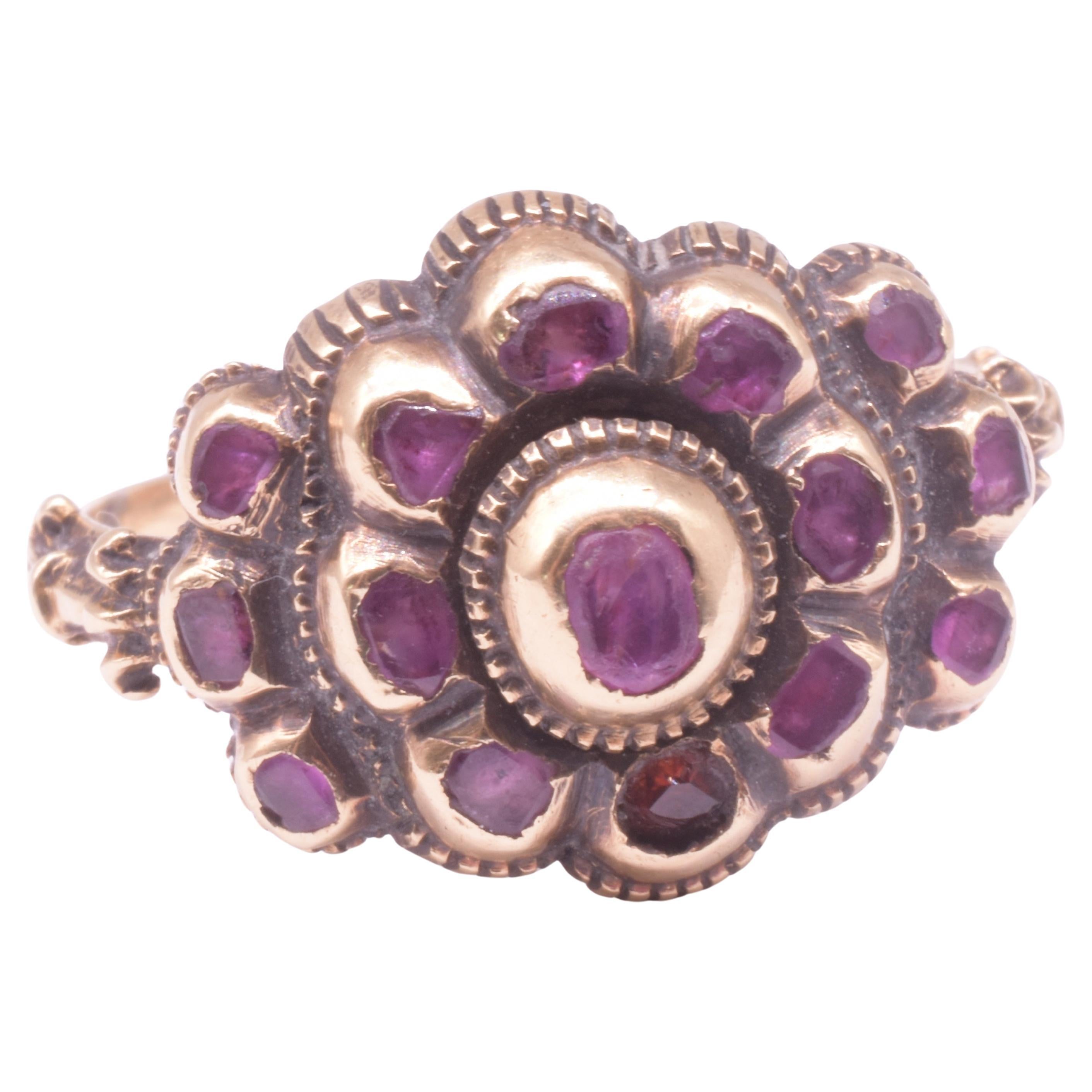 C1750 18K Neoclassical Iberian Rosette Shaped Ring w Fleur De Lis Shoulders For Sale