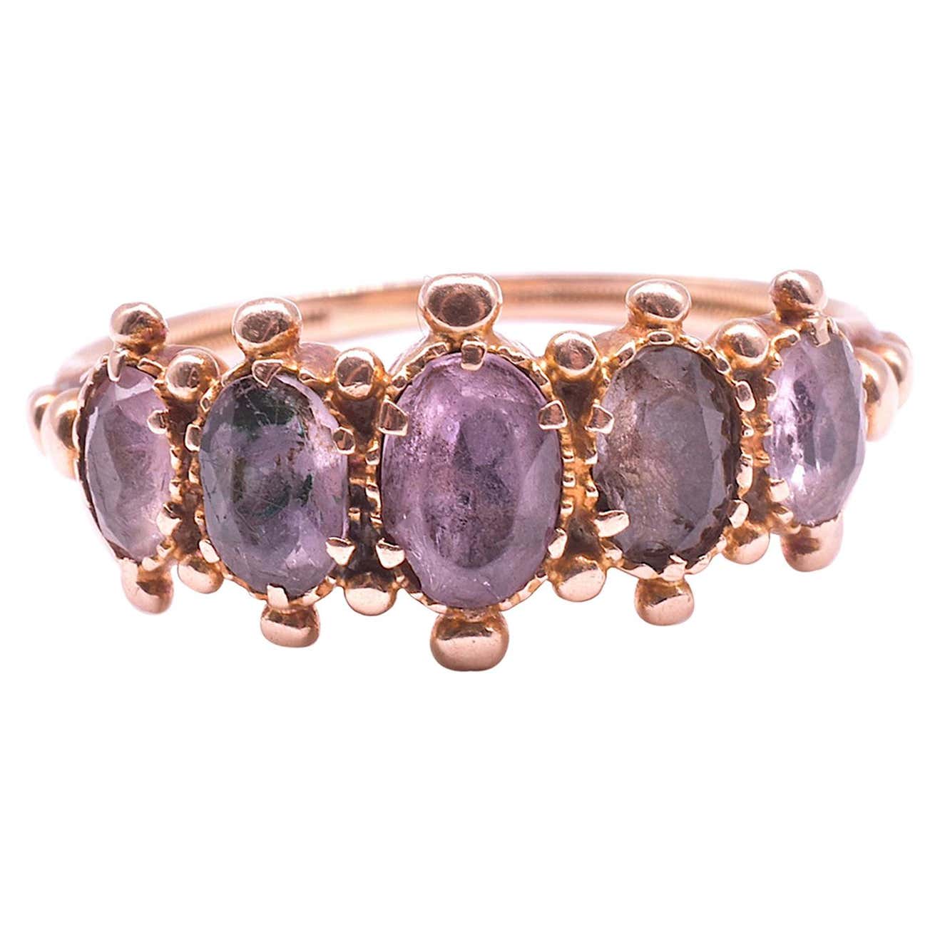 Rare Rings With Rocks C1770 18k Foiled Rock Crystal 5 Stone Ring with Ornamental Balls at 1stDibs