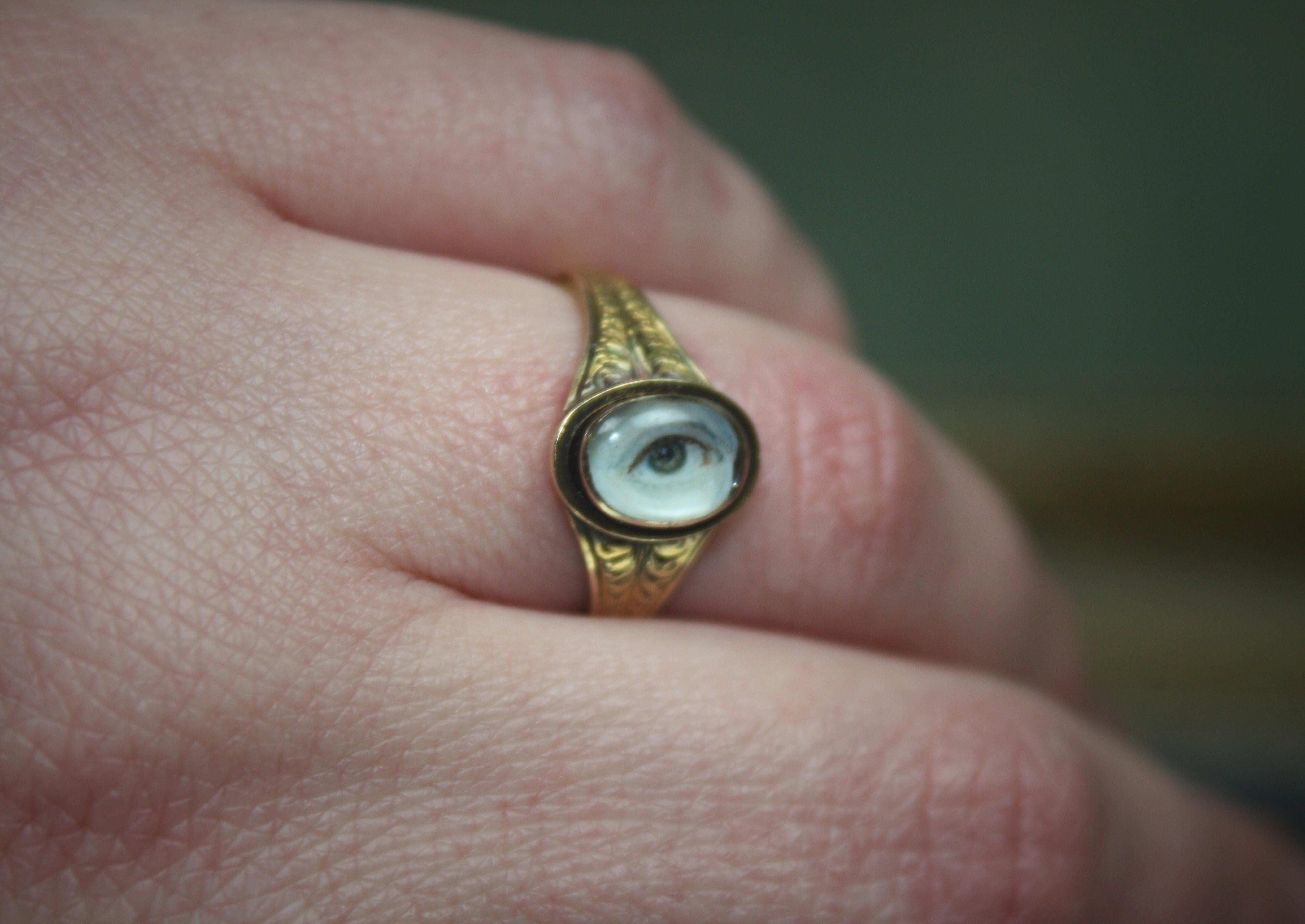 English Sailors Lover's Eye Ring Miniature on Wafer Painting Portrait, circa 1780