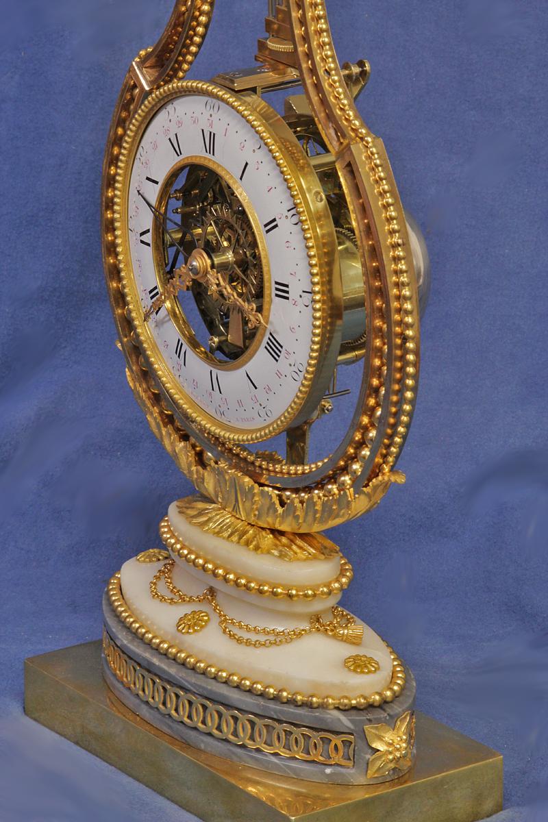 c.1790 French Ormolu and Marble Swinging Lyre Clock In Good Condition In Greenlawn, NY
