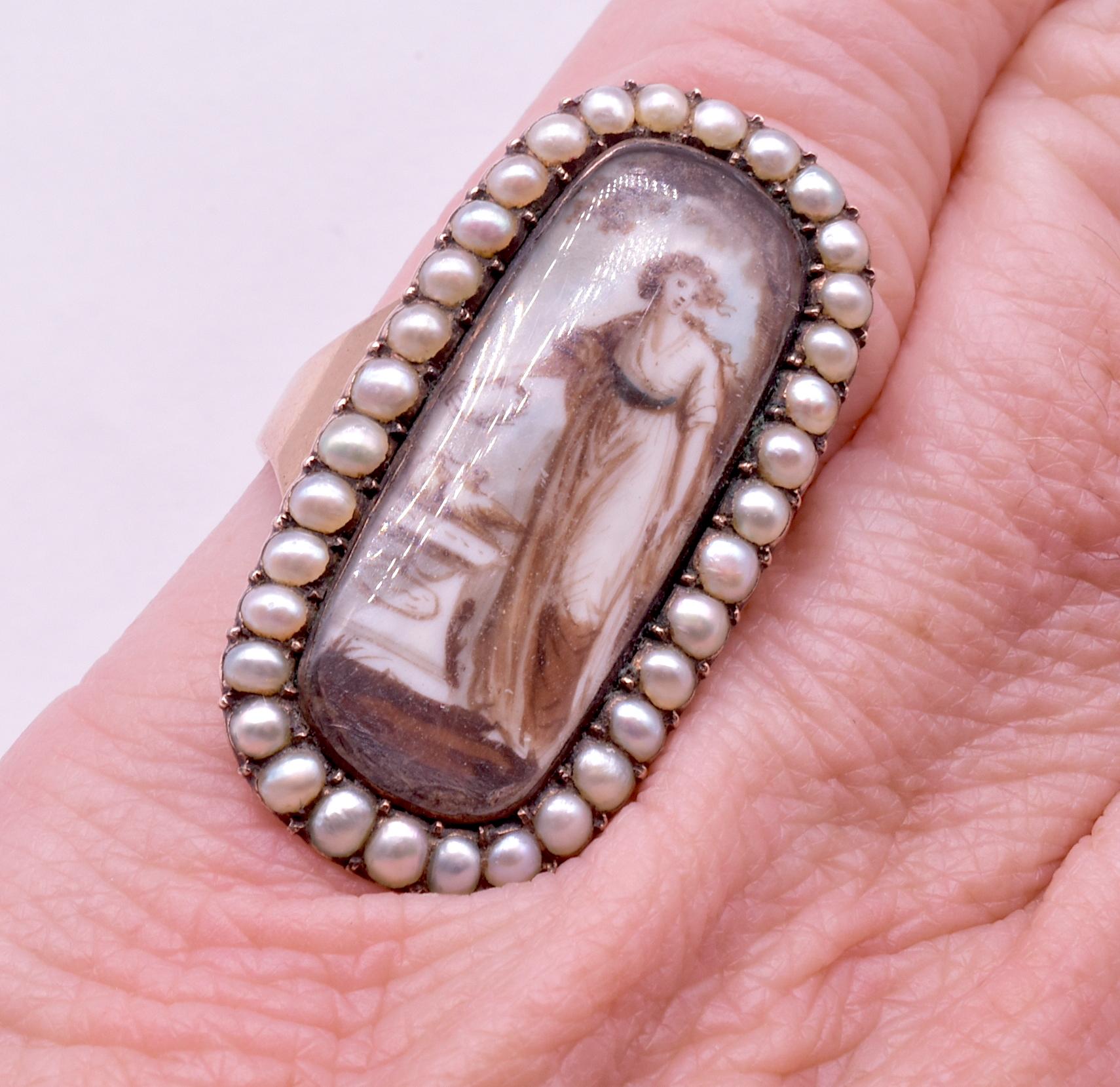 Cabochon C1790 Neoclassical Painted Mourning Ring of Woman over Urn Under Weeping Willow