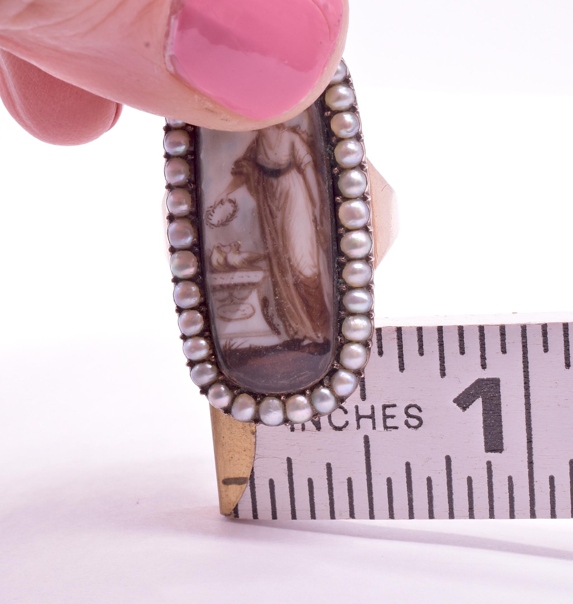 C1790 Neoclassical Painted Mourning Ring of Woman over Urn Under Weeping Willow In Excellent Condition In Baltimore, MD