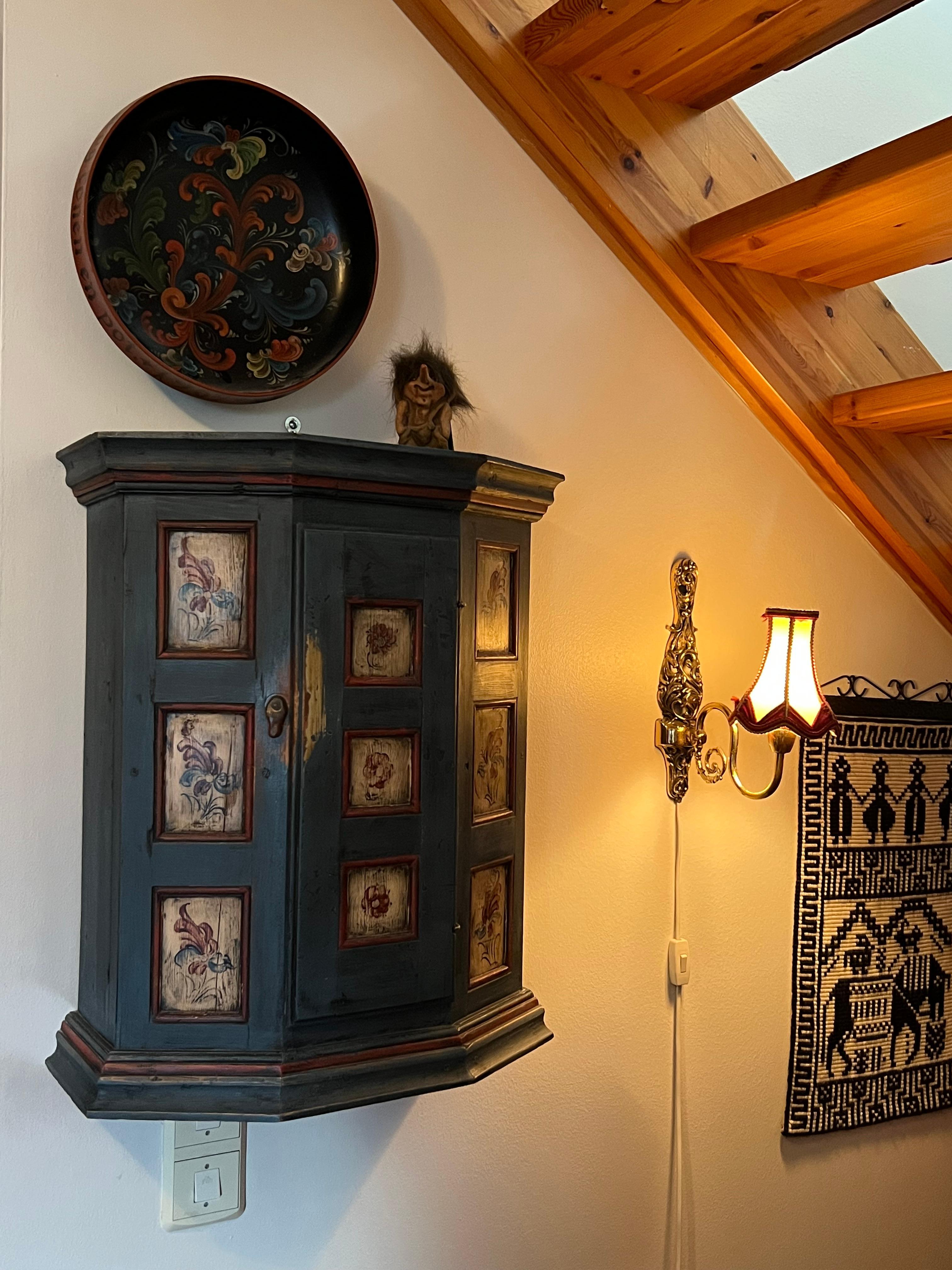 Hand-Crafted c.18/1900s RUSTIC hanging cabinet with Rosemaling, Baroque style, Norway For Sale
