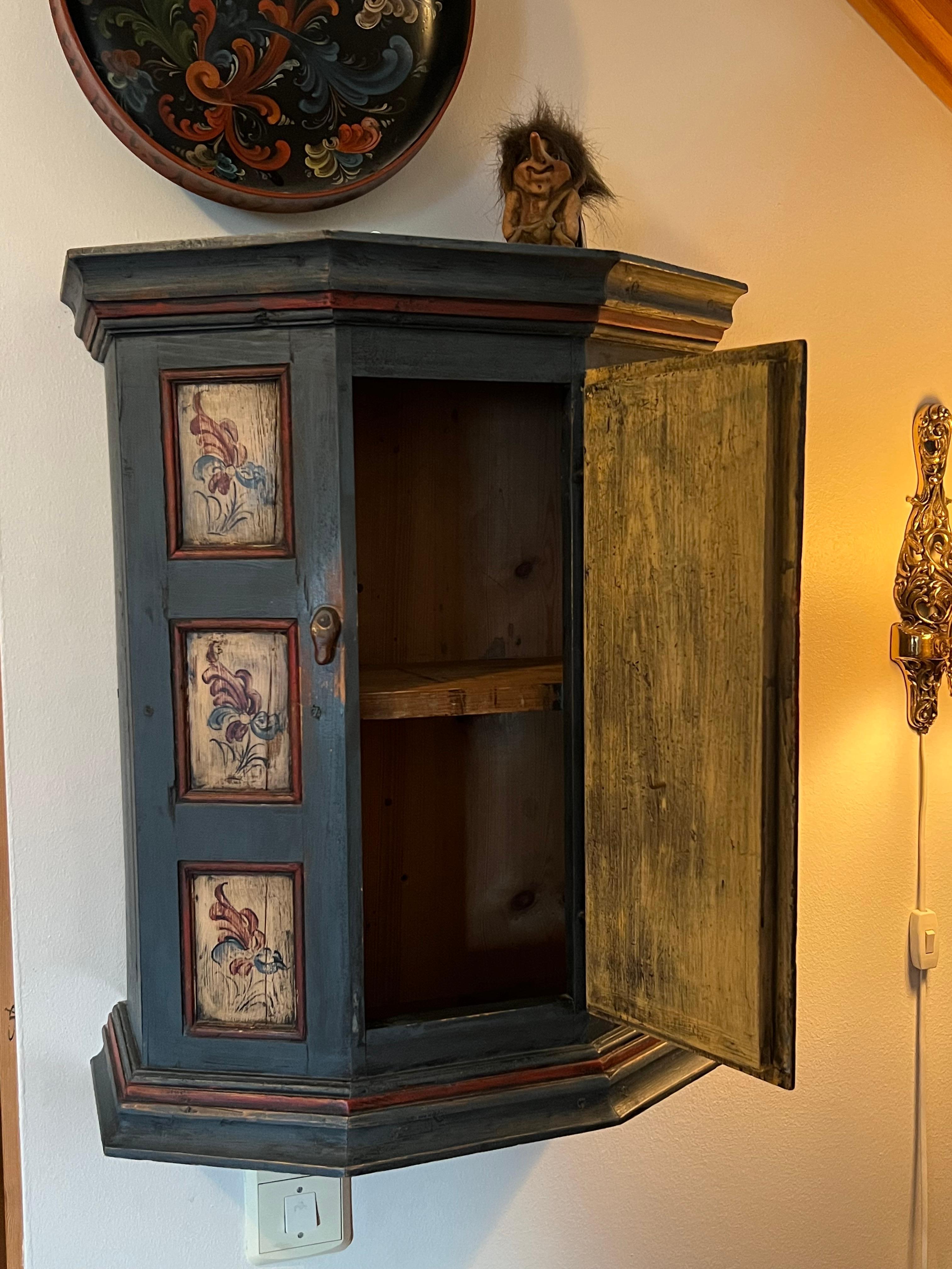 20th Century c.18/1900s RUSTIC hanging cabinet with Rosemaling, Baroque style, Norway For Sale