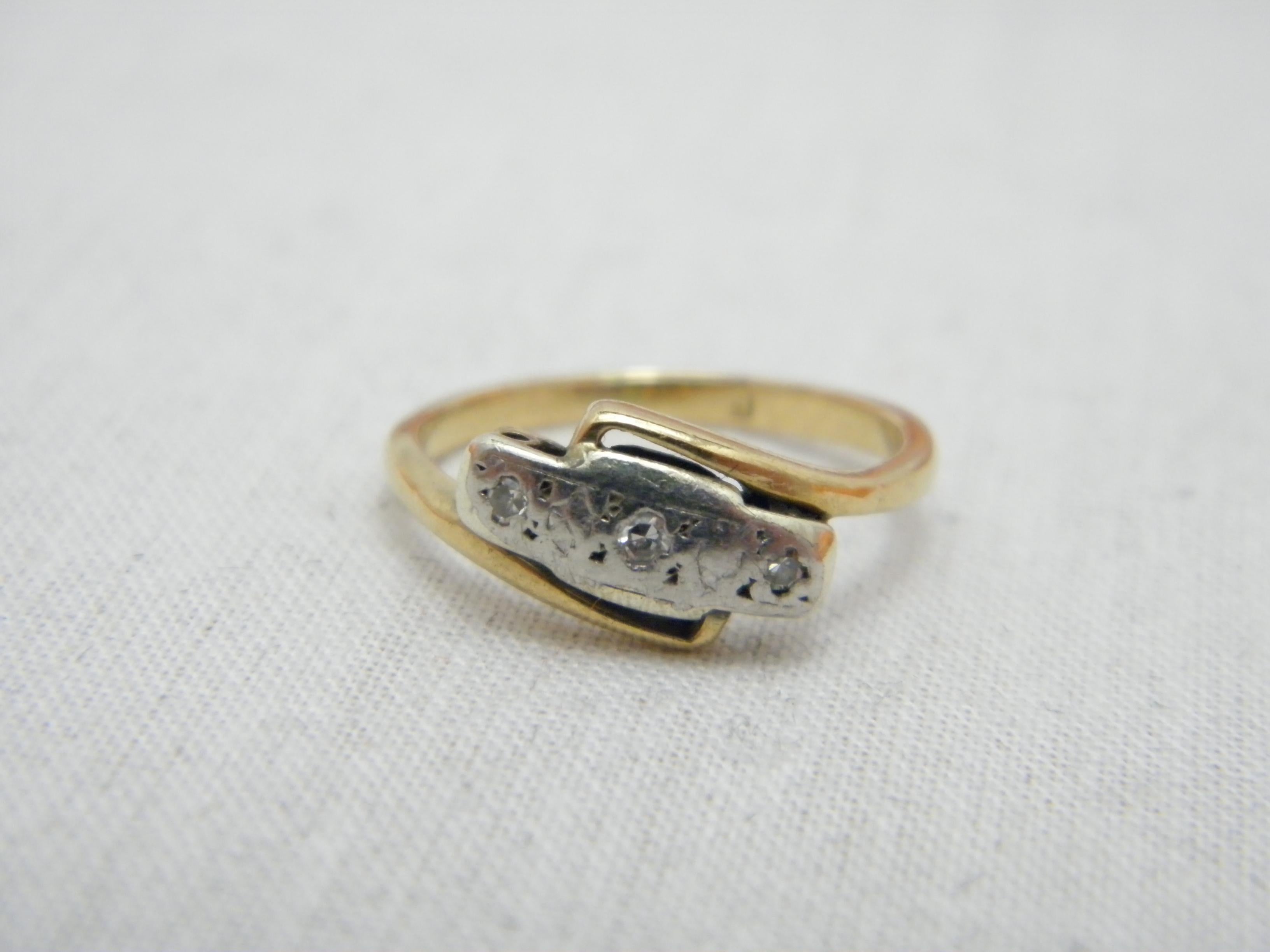 Round Cut c1800 Antique 18ct Gold Platinum Diamond Trilogy Bypass Engagement Ring Size I.5